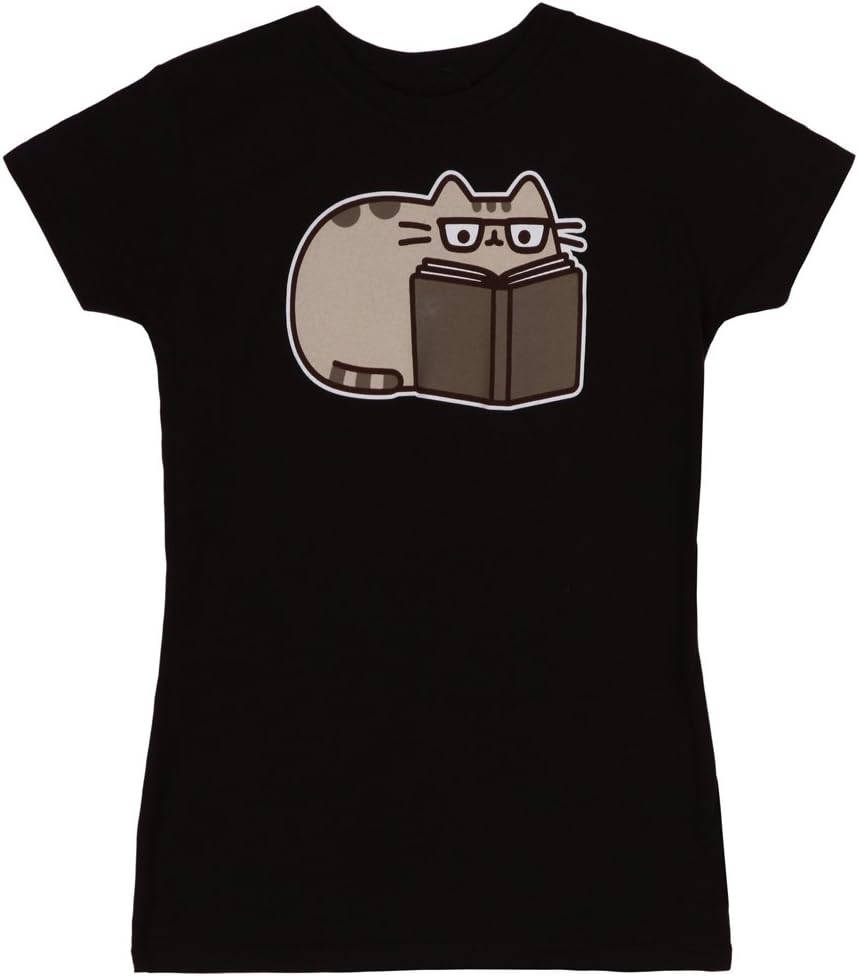 Cute Pusheen Cat Reading Juniors T-Shirt in Black - X-Small Size - 1