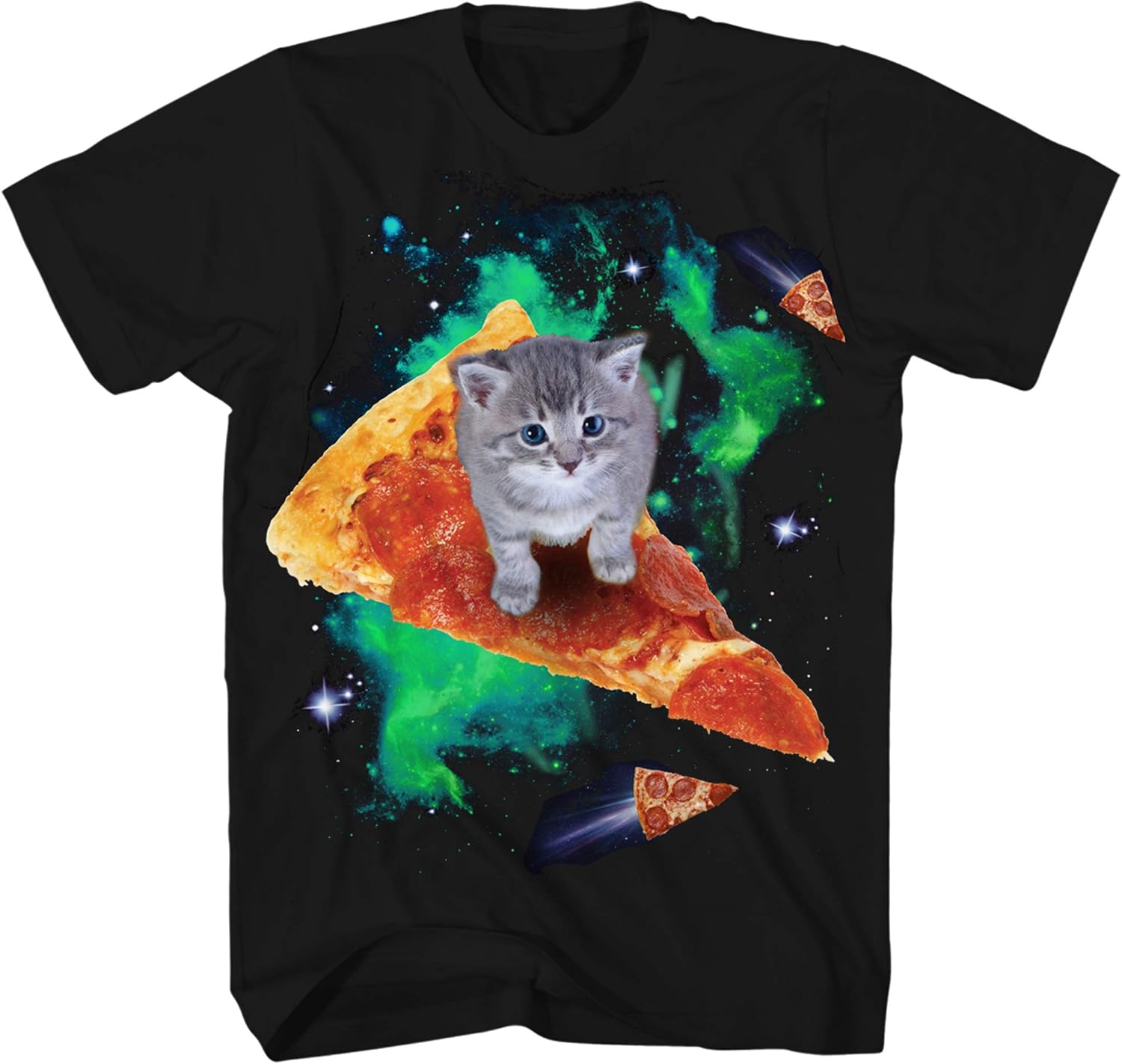 Funny Cat Riding Pizza Galaxy Tee - Retro Neon Humor Shirt for Men - 1