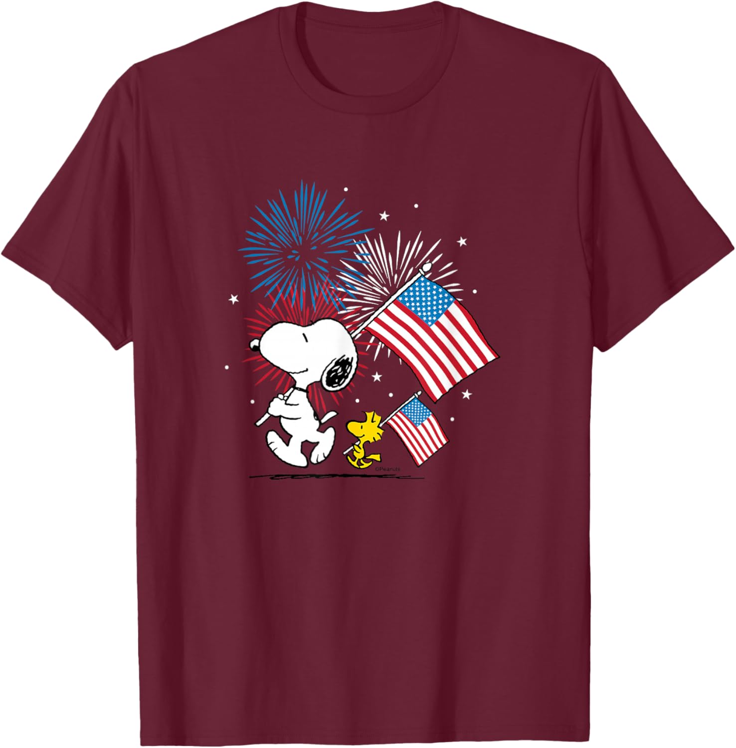 Snoopy and Woodstock American Flags Fireworks T-Shirt for Fun Celebrations - 6