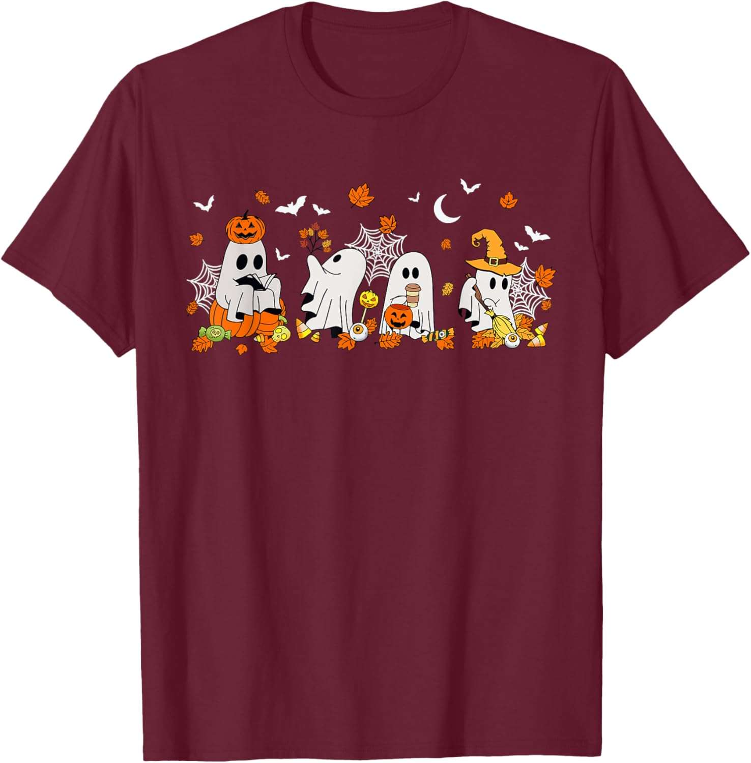 Cute Ghost Drinking Coffee Halloween Fall Book Reading T-Shirt for All - 2
