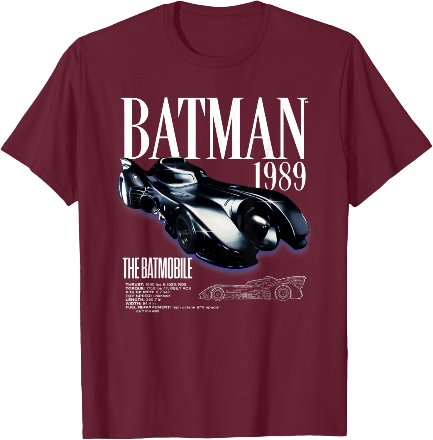 Batman 1989 Batmobile Schematic T-Shirt for Fans of Classic Film Style - 5