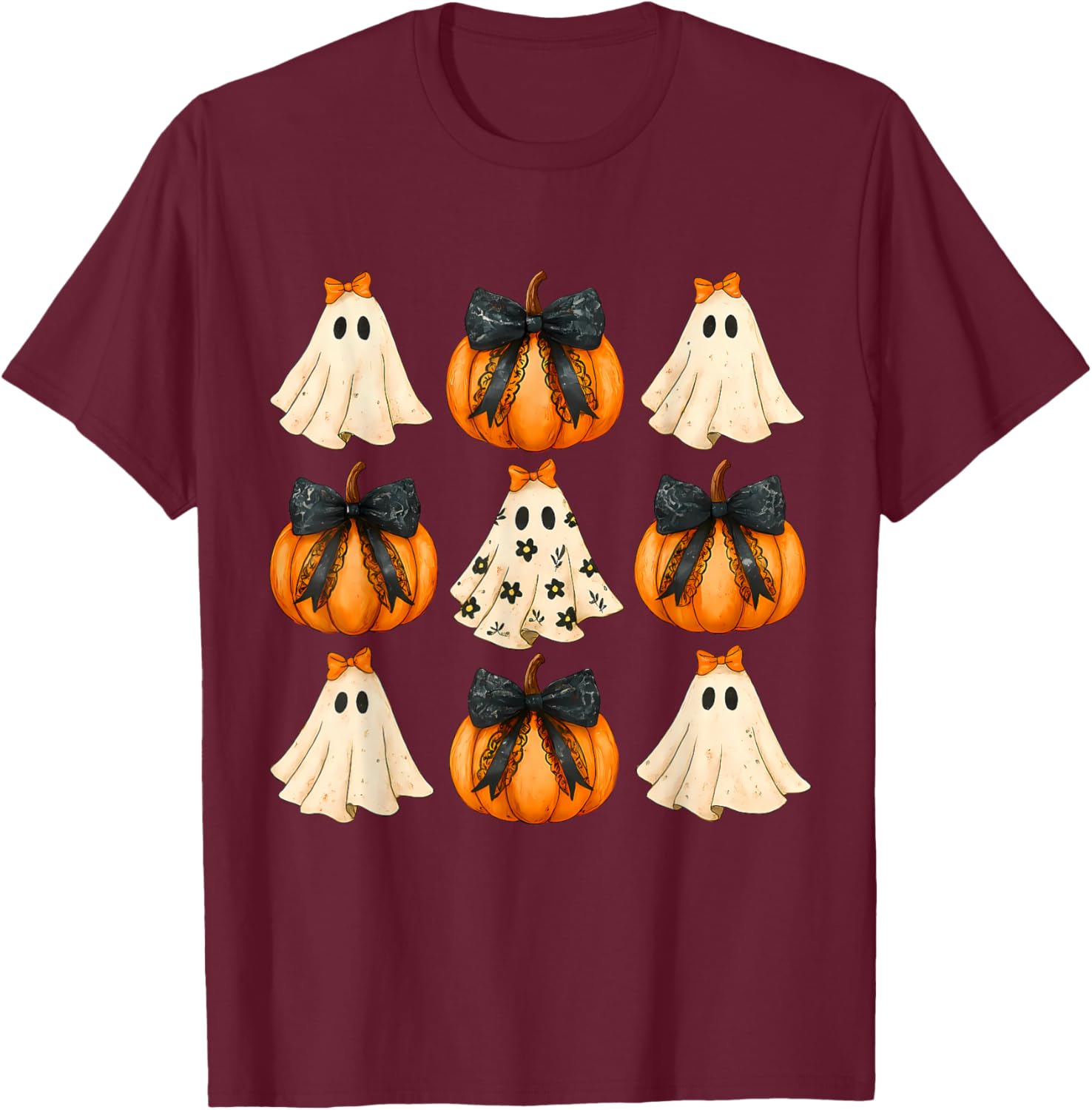 Cute Halloween Bow Pumpkin Ghost T-Shirt for Women and Girls - 1