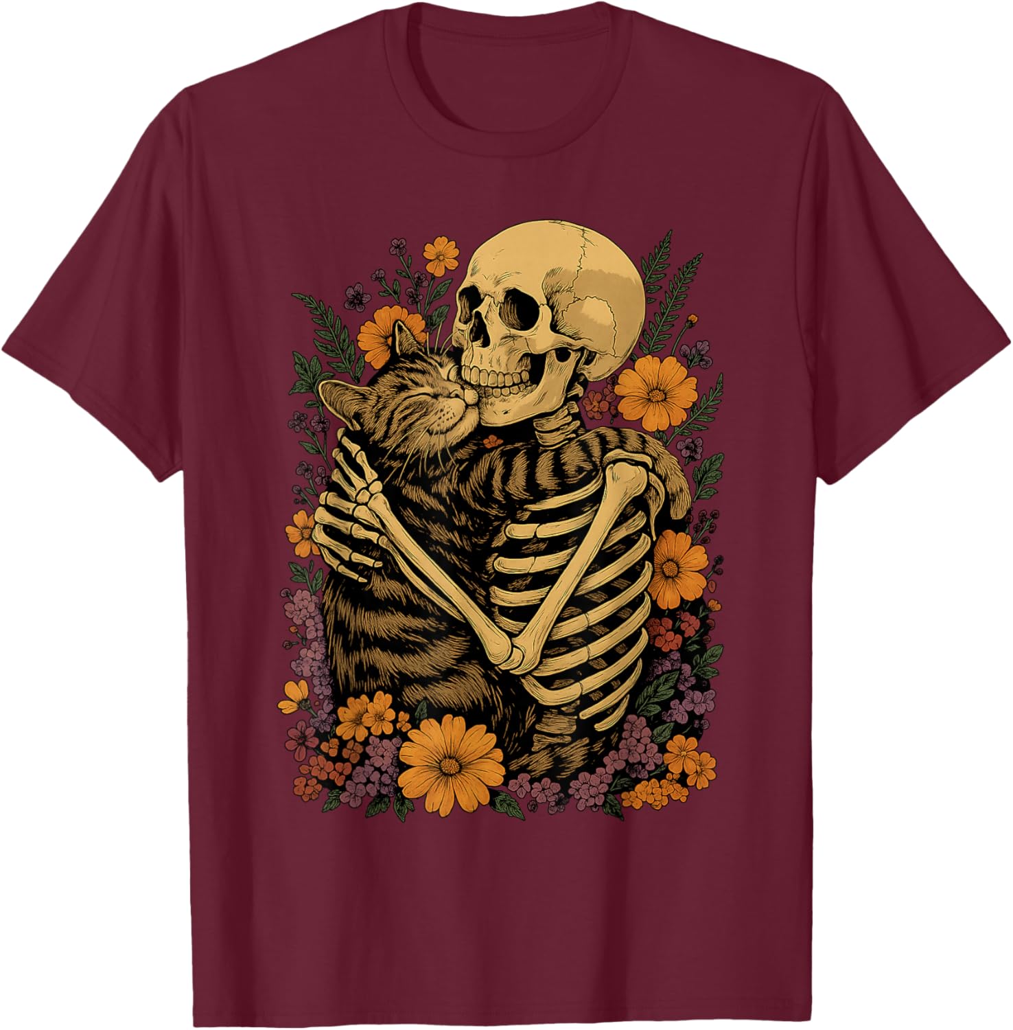 Cute Skeleton Hugging Cat Floral Halloween T-Shirt for Cat Lovers - 6