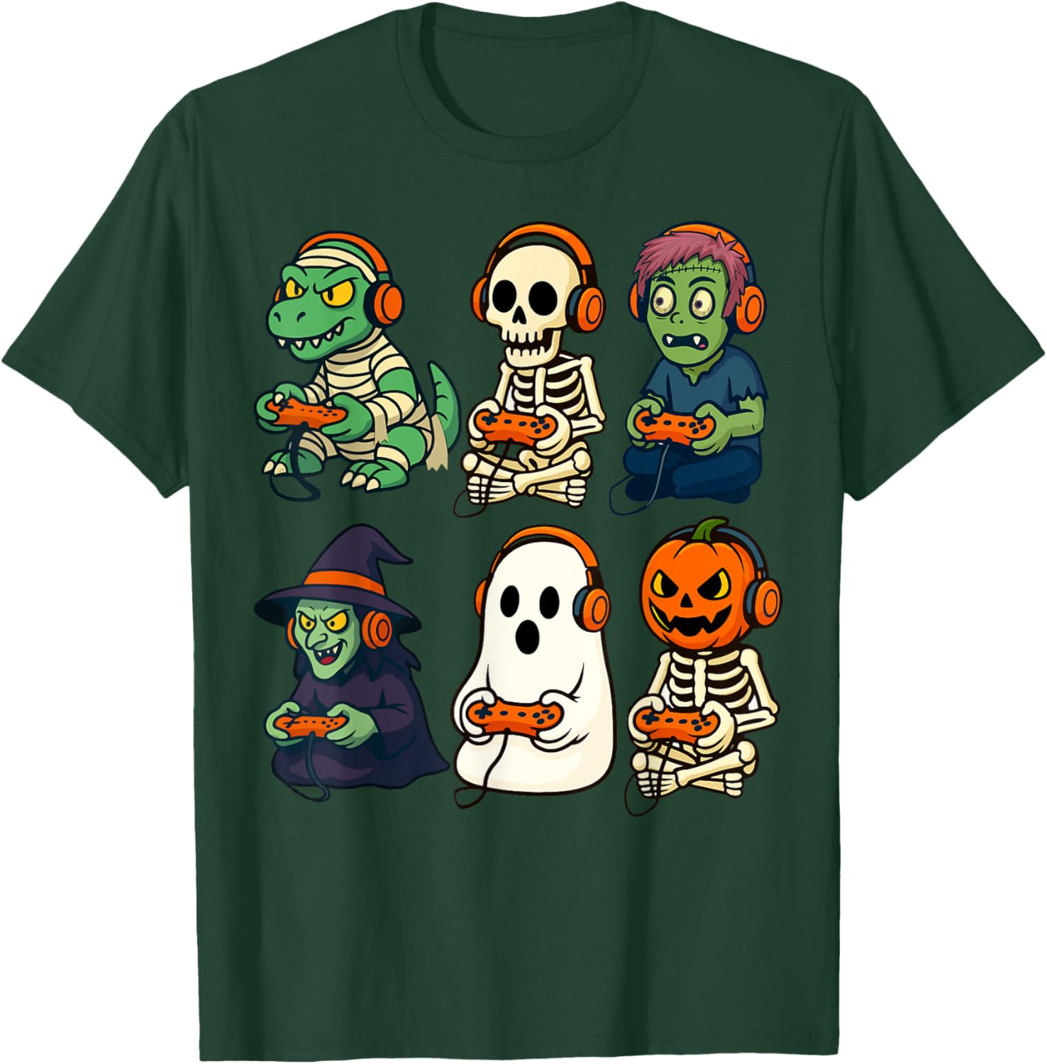 Halloween Boys Gamer T-Shirt with Dinosaur Skeleton and Witch Design - 15