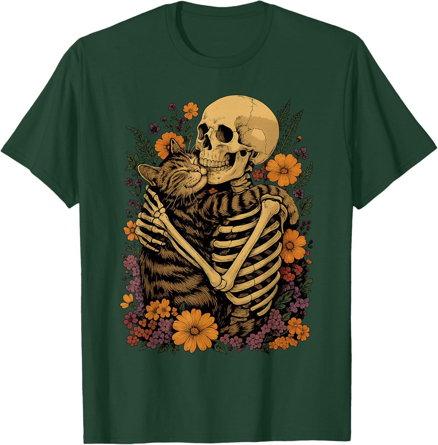 Cute Skeleton Hugging Cat Floral Halloween T-Shirt for Cat Lovers - 16