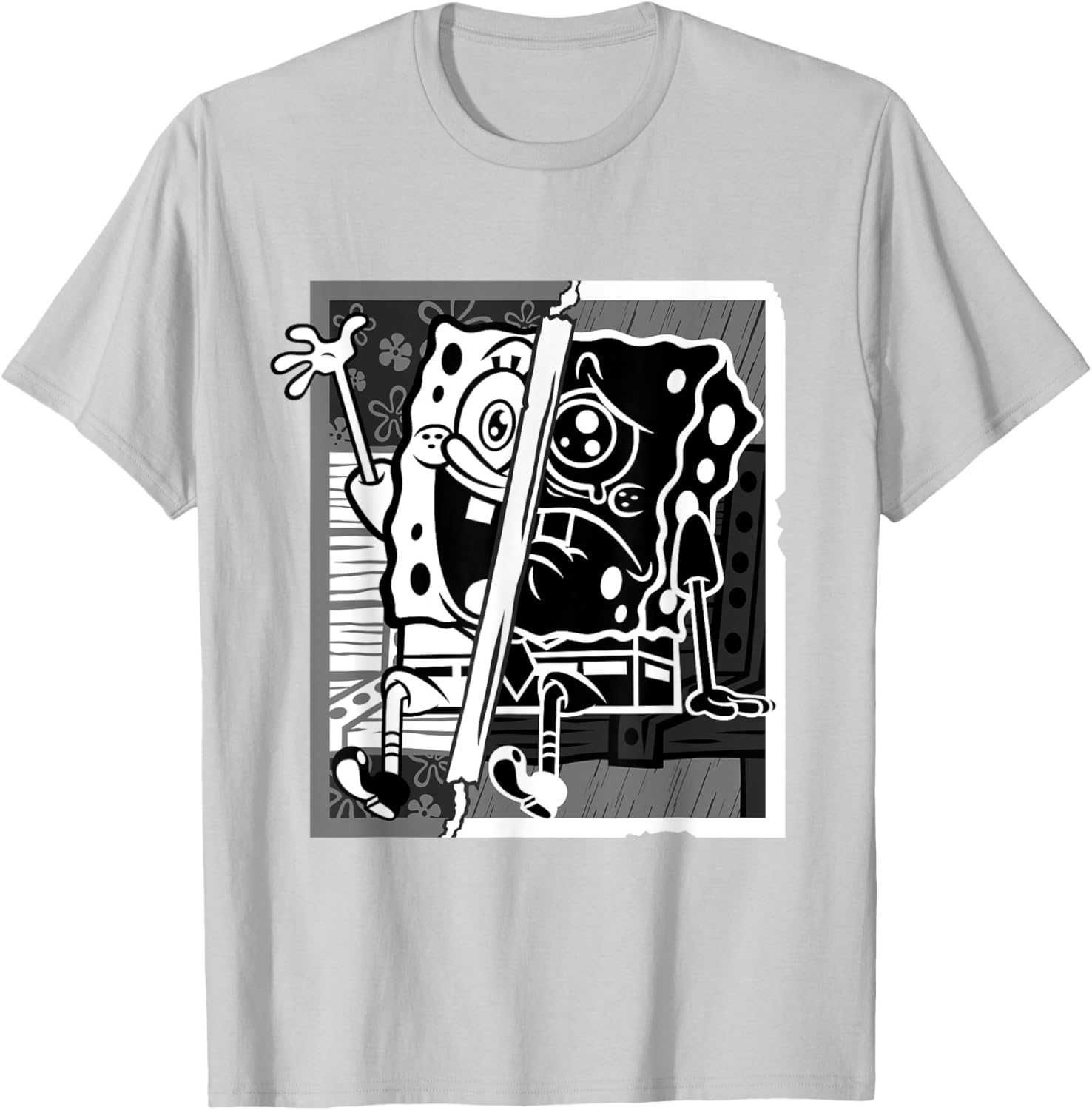 Mademark SpongeBob Black and White Happy Sad Artline T-Shirt for Fans - 3