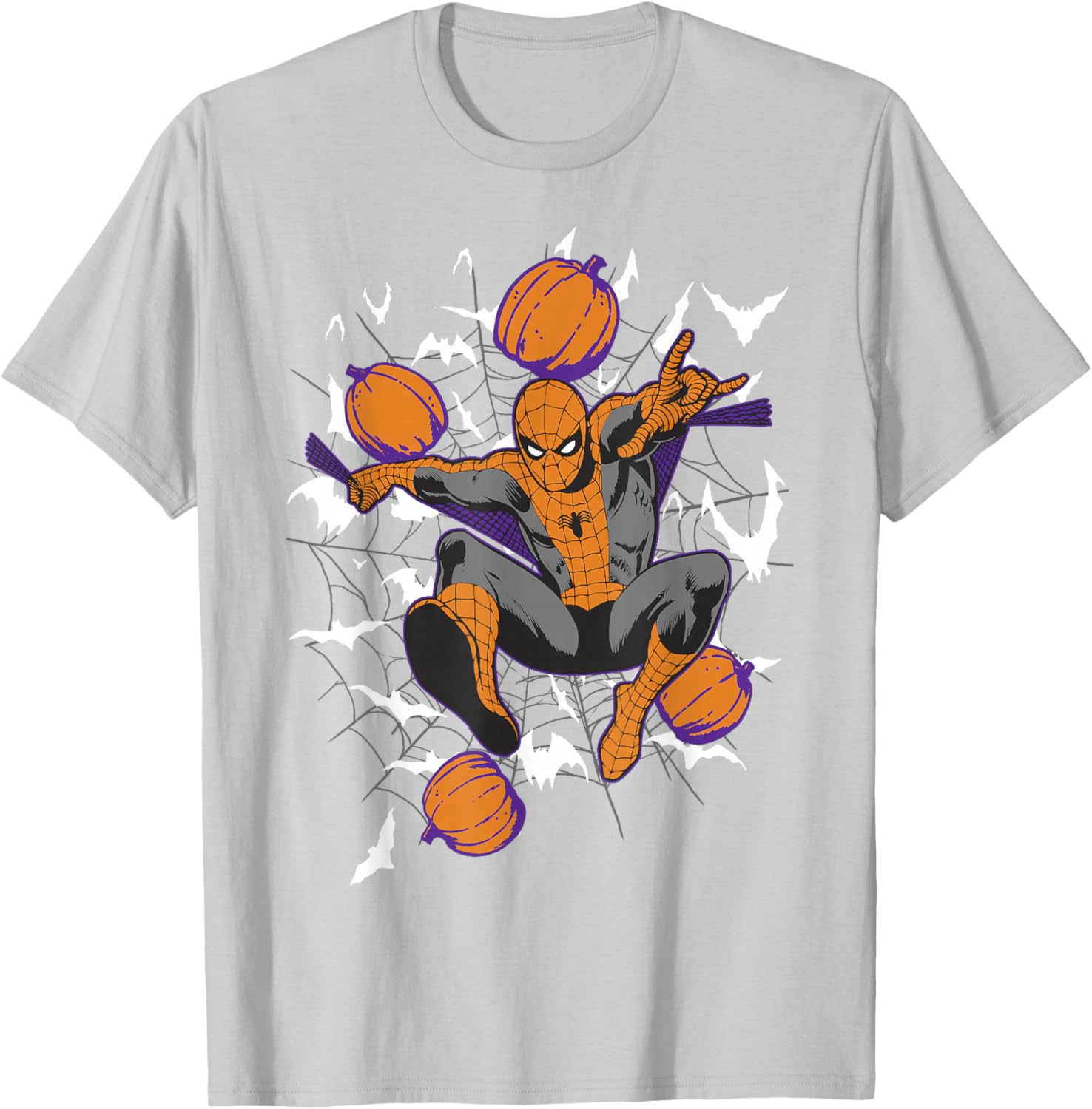 Spider-Man Halloween T-Shirt with Web and Pumpkins for Kids and Adults - 1