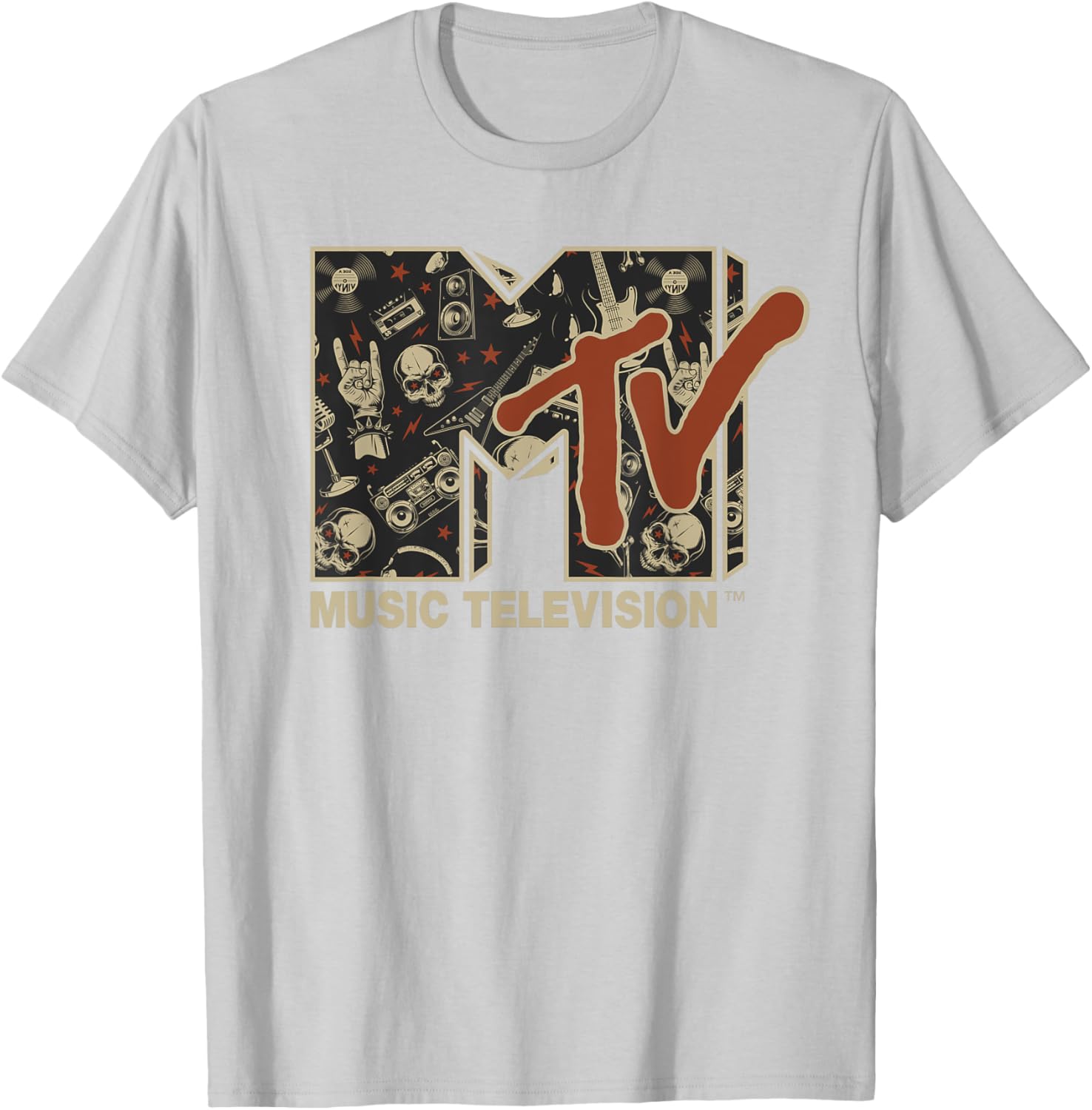 Mademark x MTV Vintage Rock n Roll Skull Guitar T-Shirt for Metal Fans - 9
