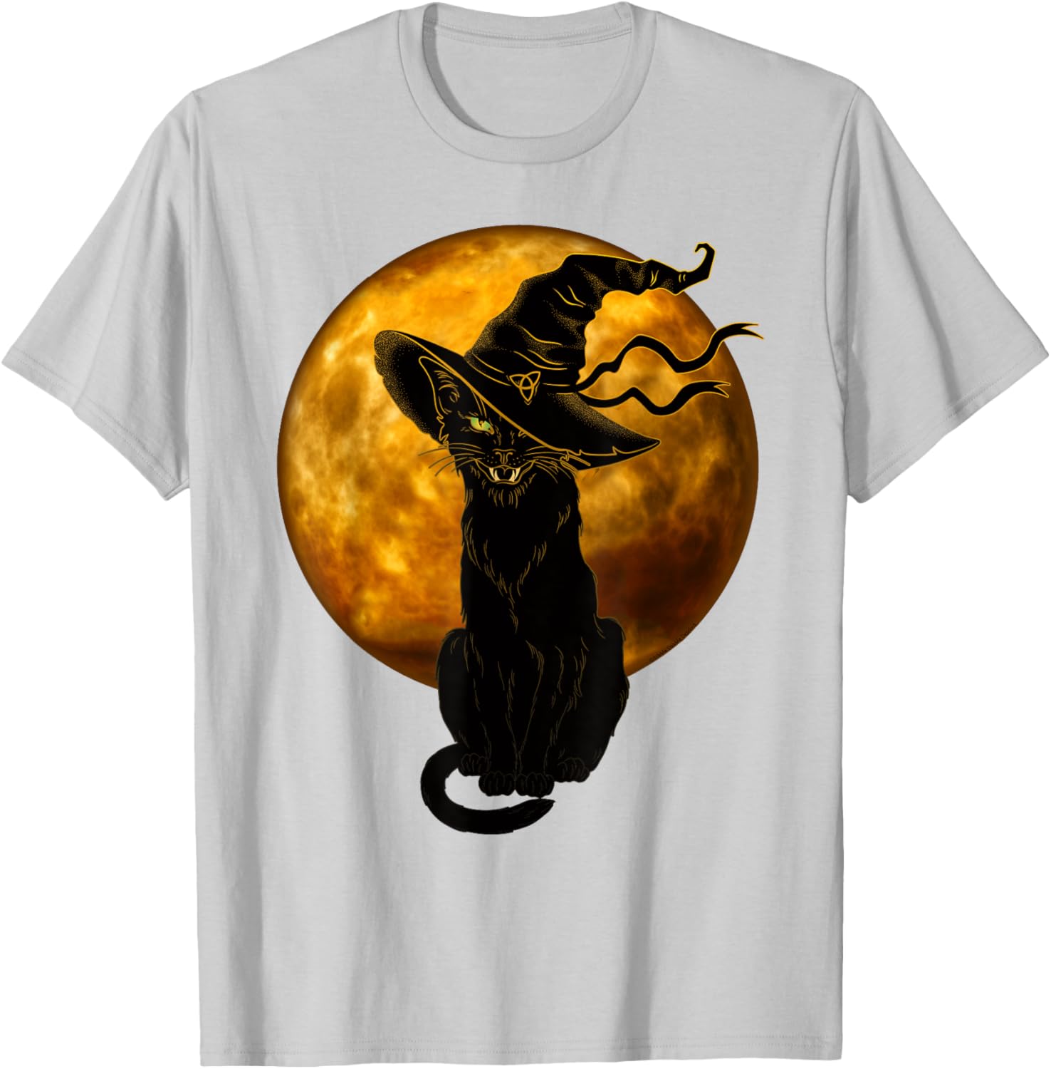 Vintage Black Cat in Witch Hat Full Moon Halloween T-Shirt for Fun Celebrations - 14