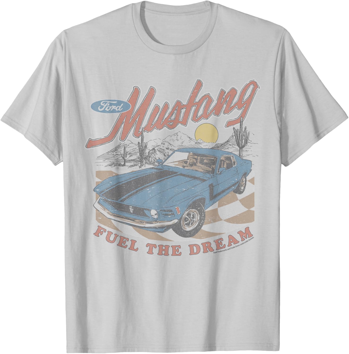 Ford Mustang Fuel The Dream Blue Car T-Shirt in Desert Landscape - 1