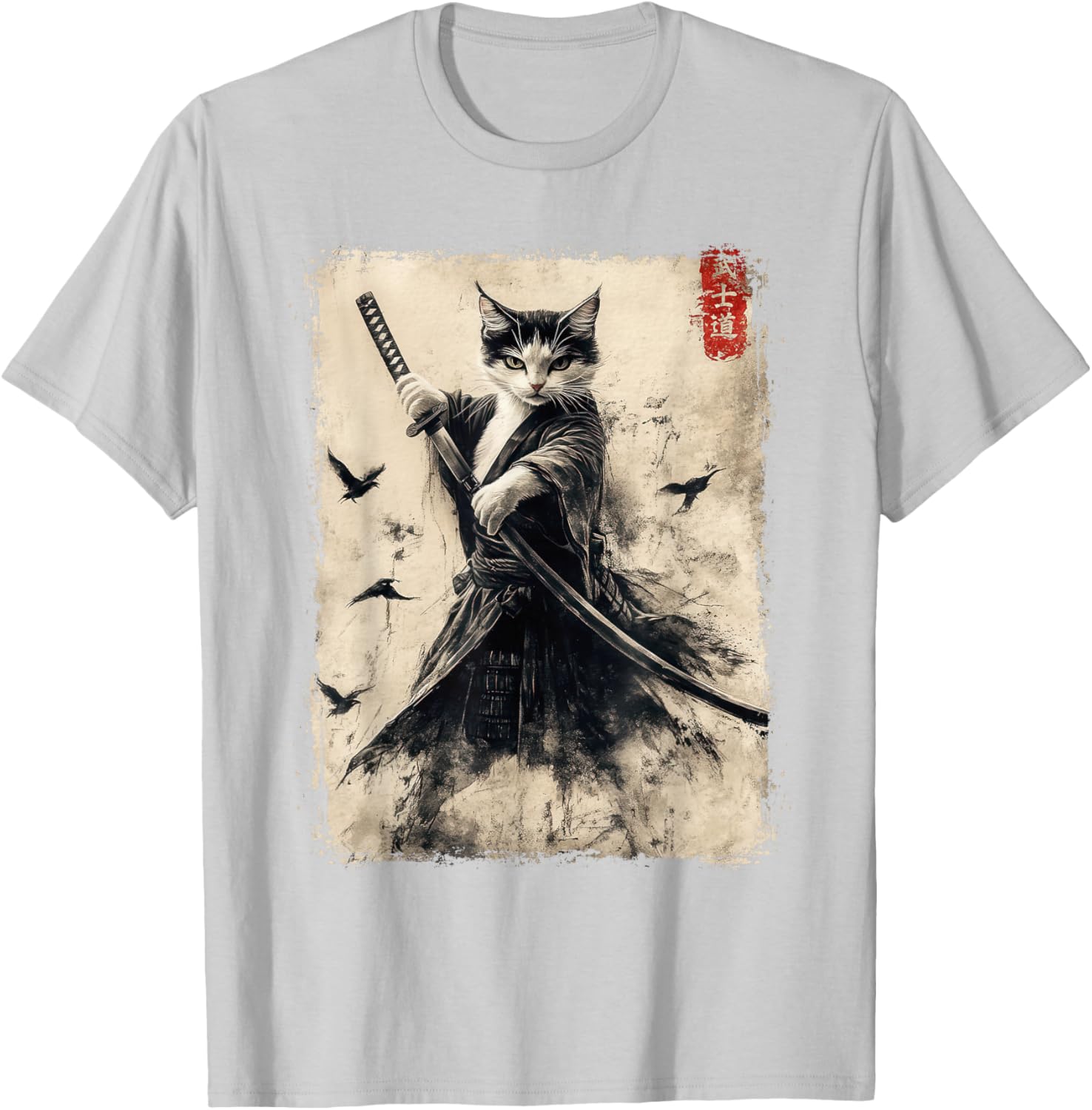 Samurai Cat Vintage Anime Graphic Tee – Cool Japanese Art T-Shirt - 24