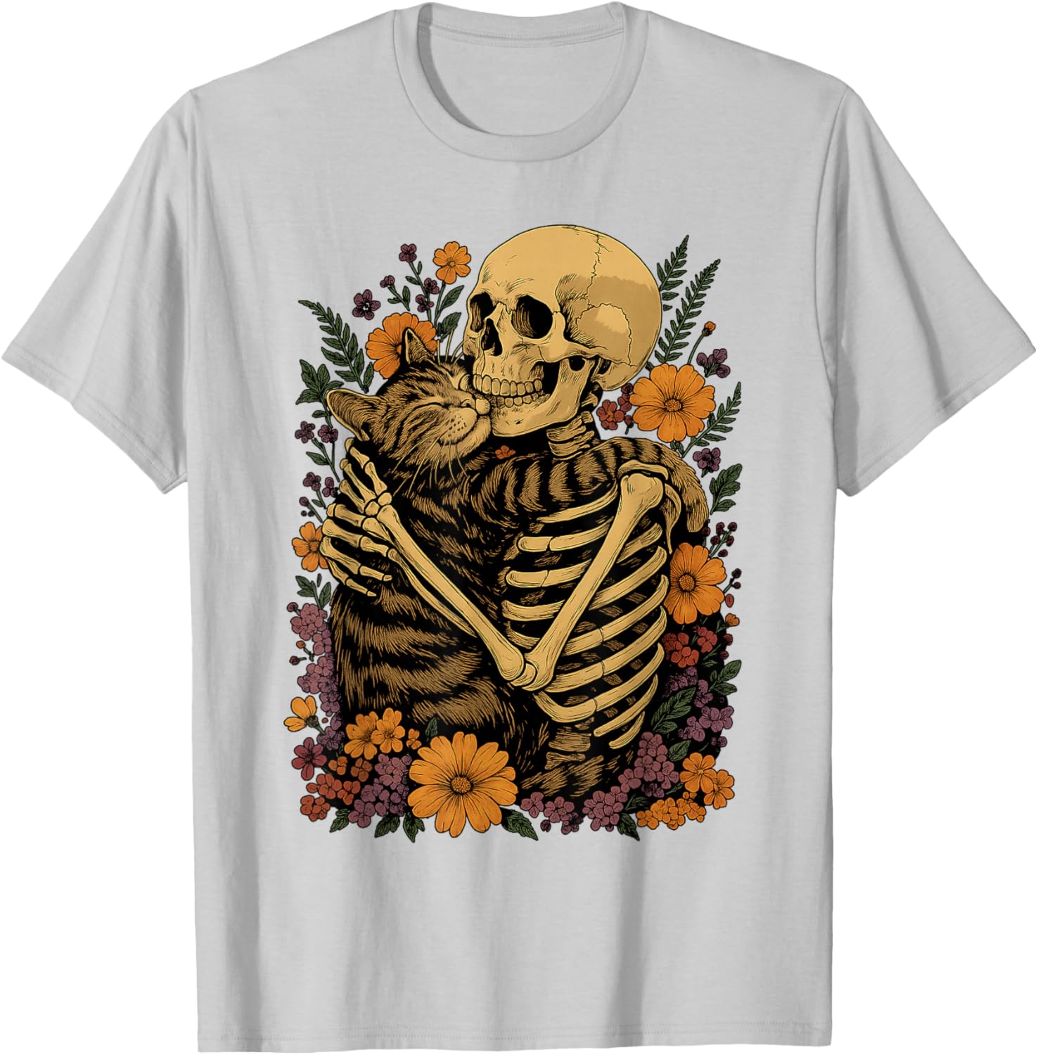 Cute Skeleton Hugging Cat Floral Halloween T-Shirt for Cat Lovers - 26