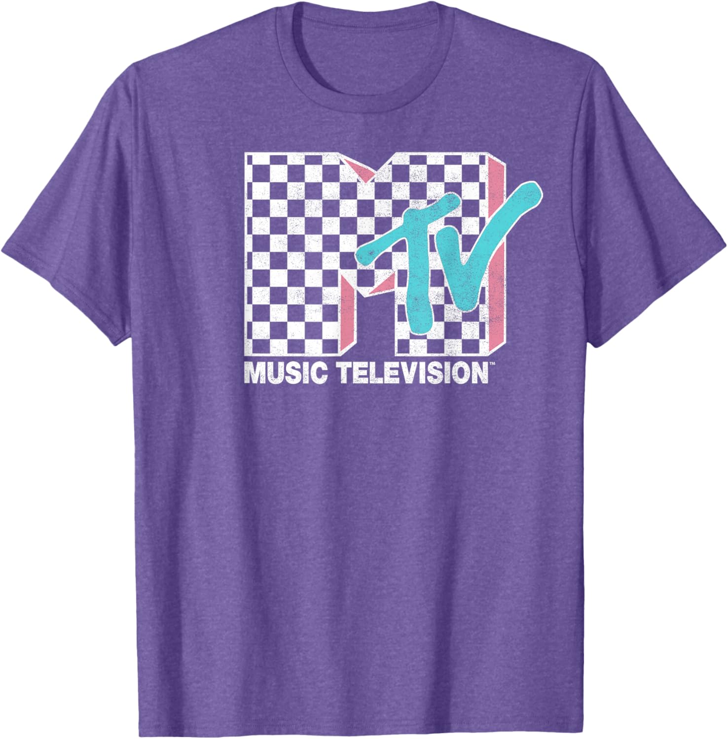 MTV Neon Distressed Checkered Logo Graphic Tee for Trendy Style - 2