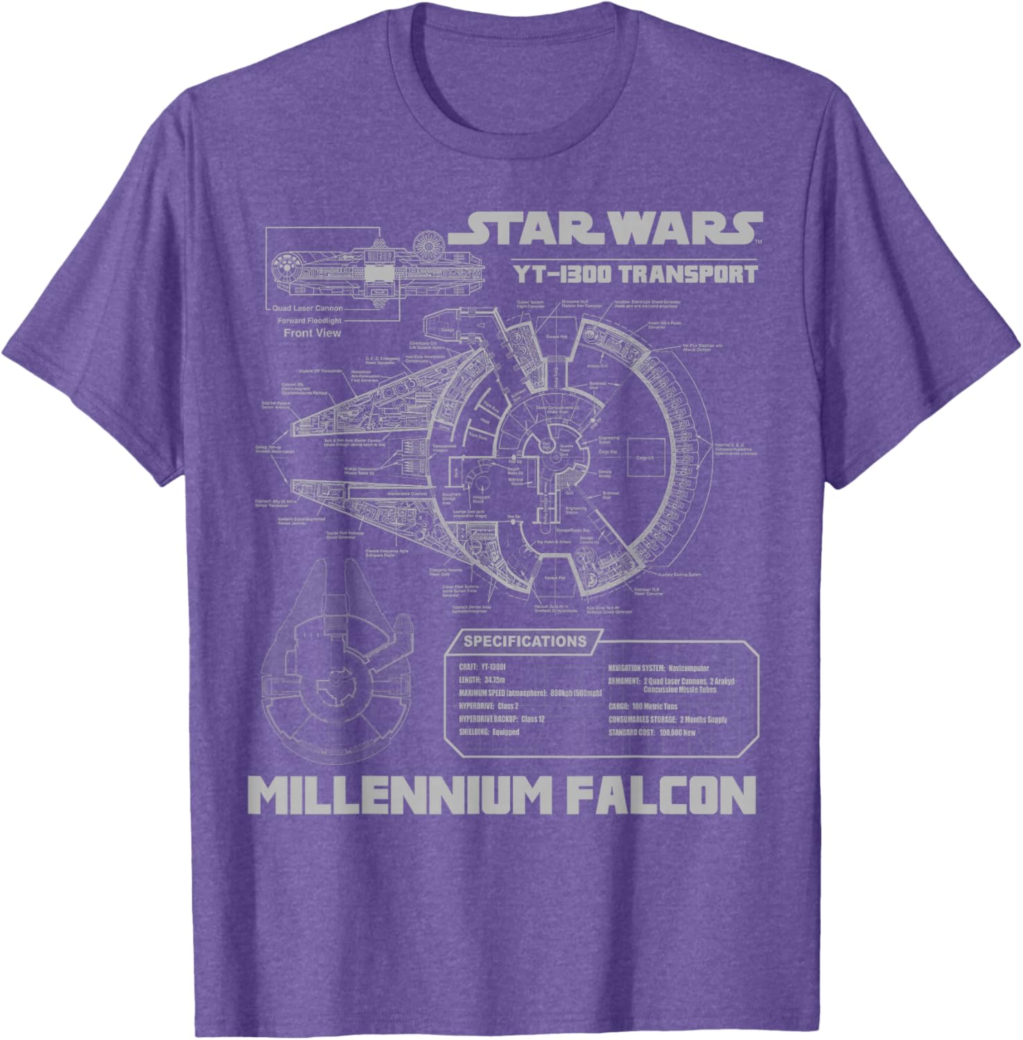 Star Wars Millennium Falcon Grey Schematics Graphic T-Shirt for Fans - 10