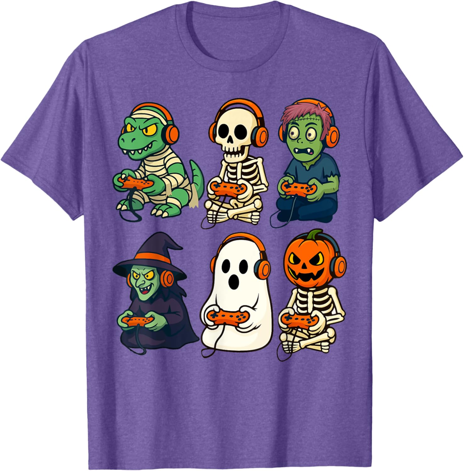 Halloween Boys Gamer T-Shirt with Dinosaur Skeleton and Witch Design - 5
