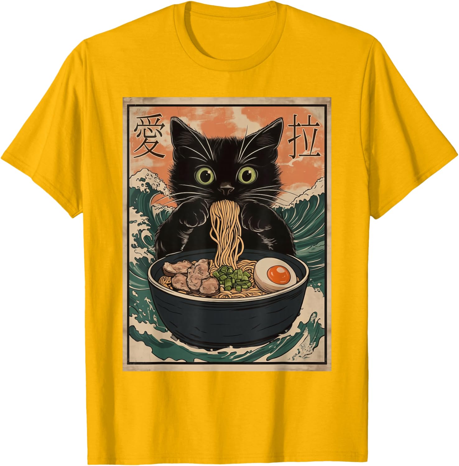 Funny Cat Ramen T-Shirt with Great Wave Kanagawa Art for Cat Lovers - 5