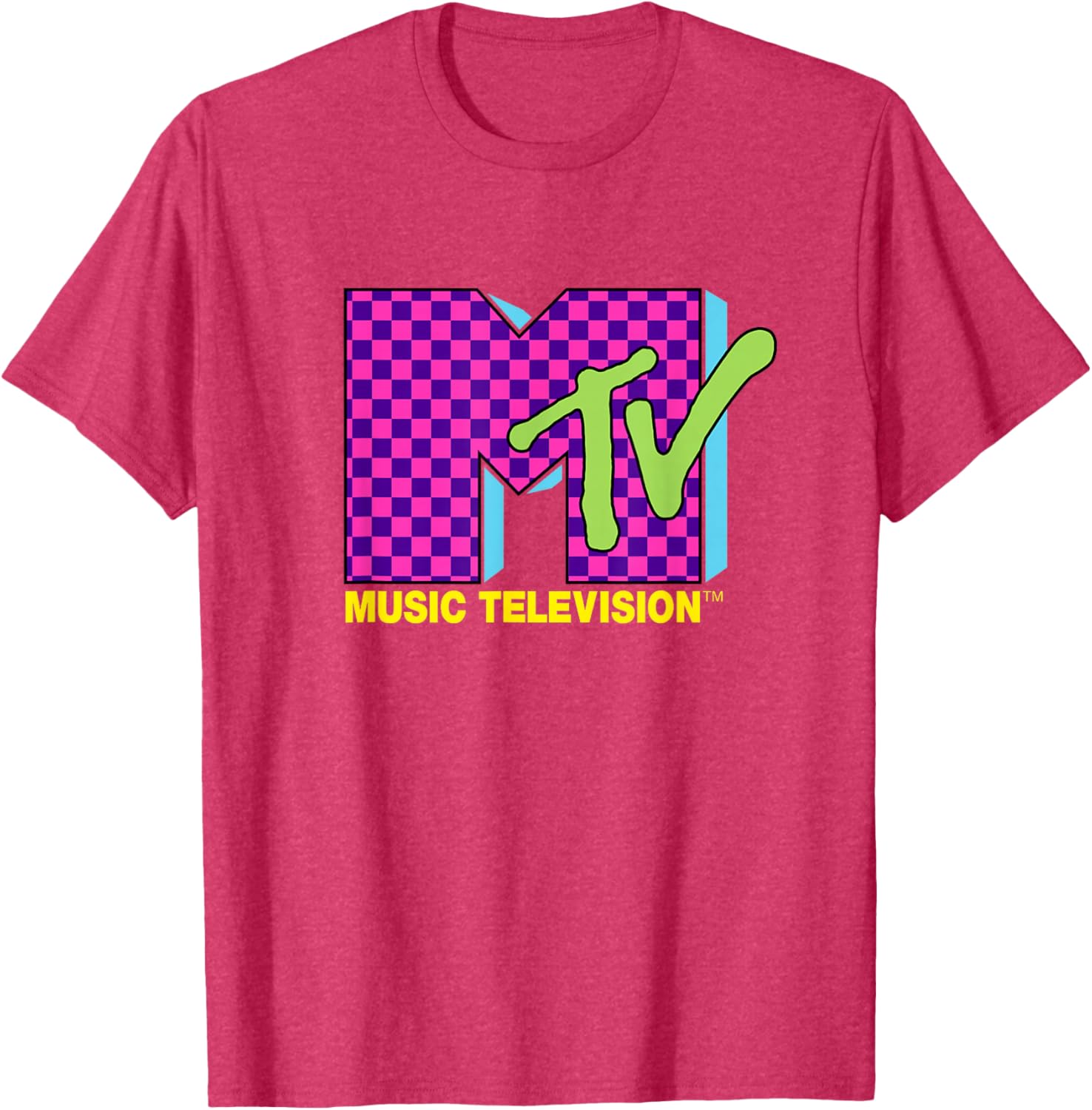 MTV Retro 80s Neon Pink Checkerboard Logo T-Shirt for Trendy Style - 7