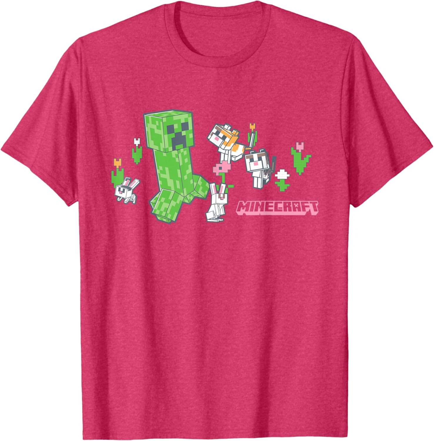 Cute Minecraft Creeper T-Shirt with Bunnies and Cats in Pixel Garden - 7