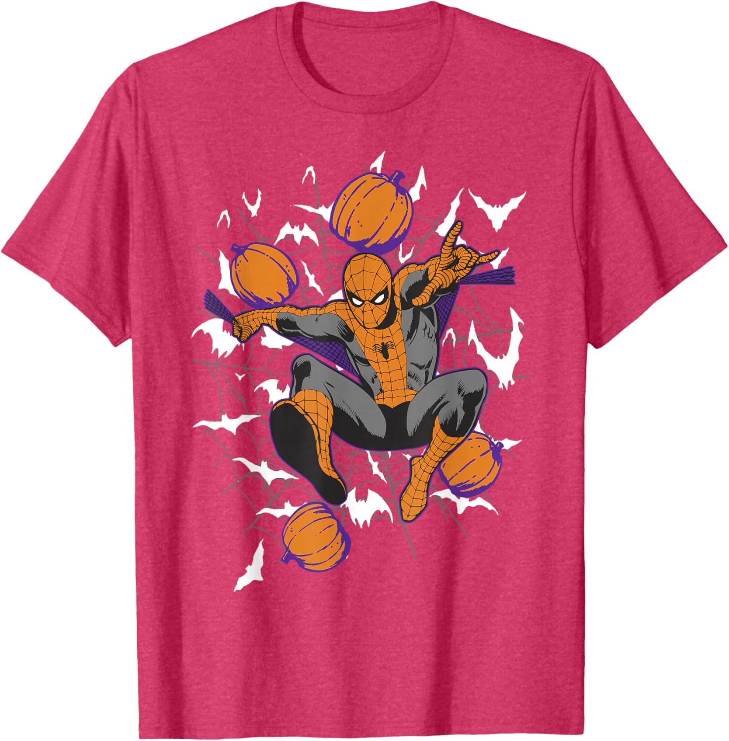 Spider-Man Halloween T-Shirt with Web and Pumpkins for Kids and Adults - 5