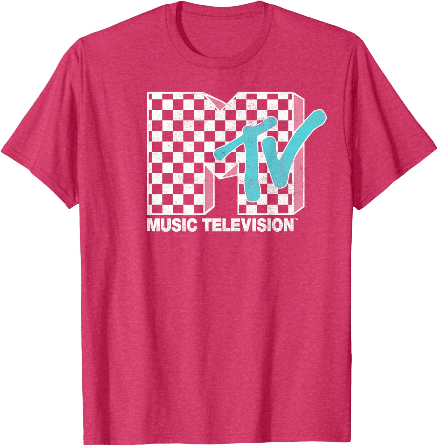 MTV Neon Distressed Checkered Logo Graphic Tee for Trendy Style - 9