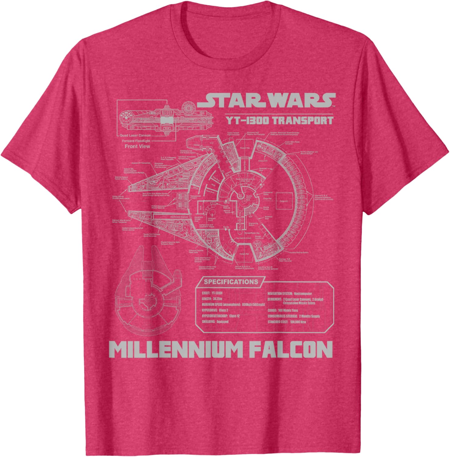 Star Wars Millennium Falcon Grey Schematics Graphic T-Shirt for Fans - 6