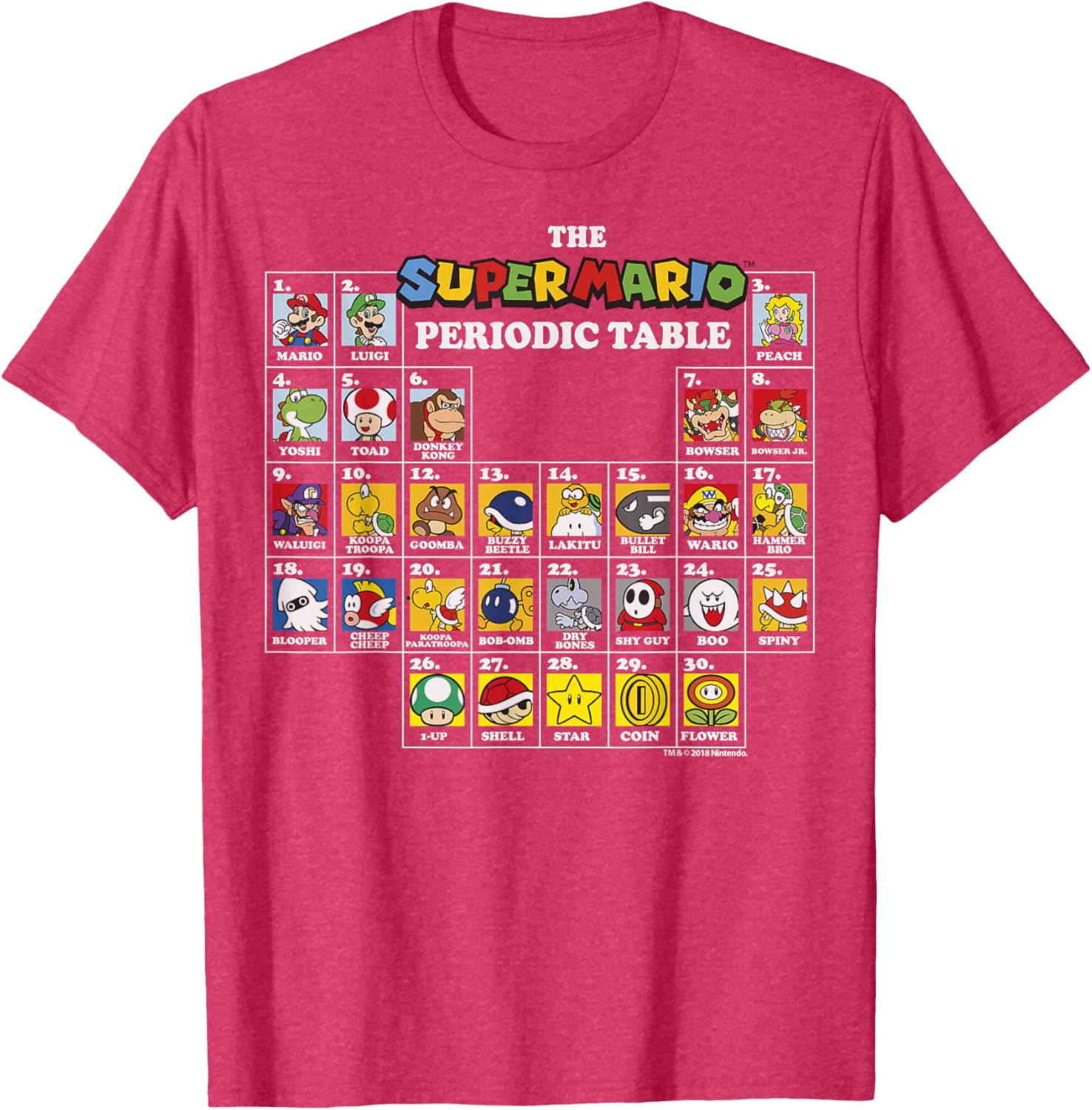 Super Mario Periodic Table Graphic T-Shirt Fun Character Design for Gamers - 5