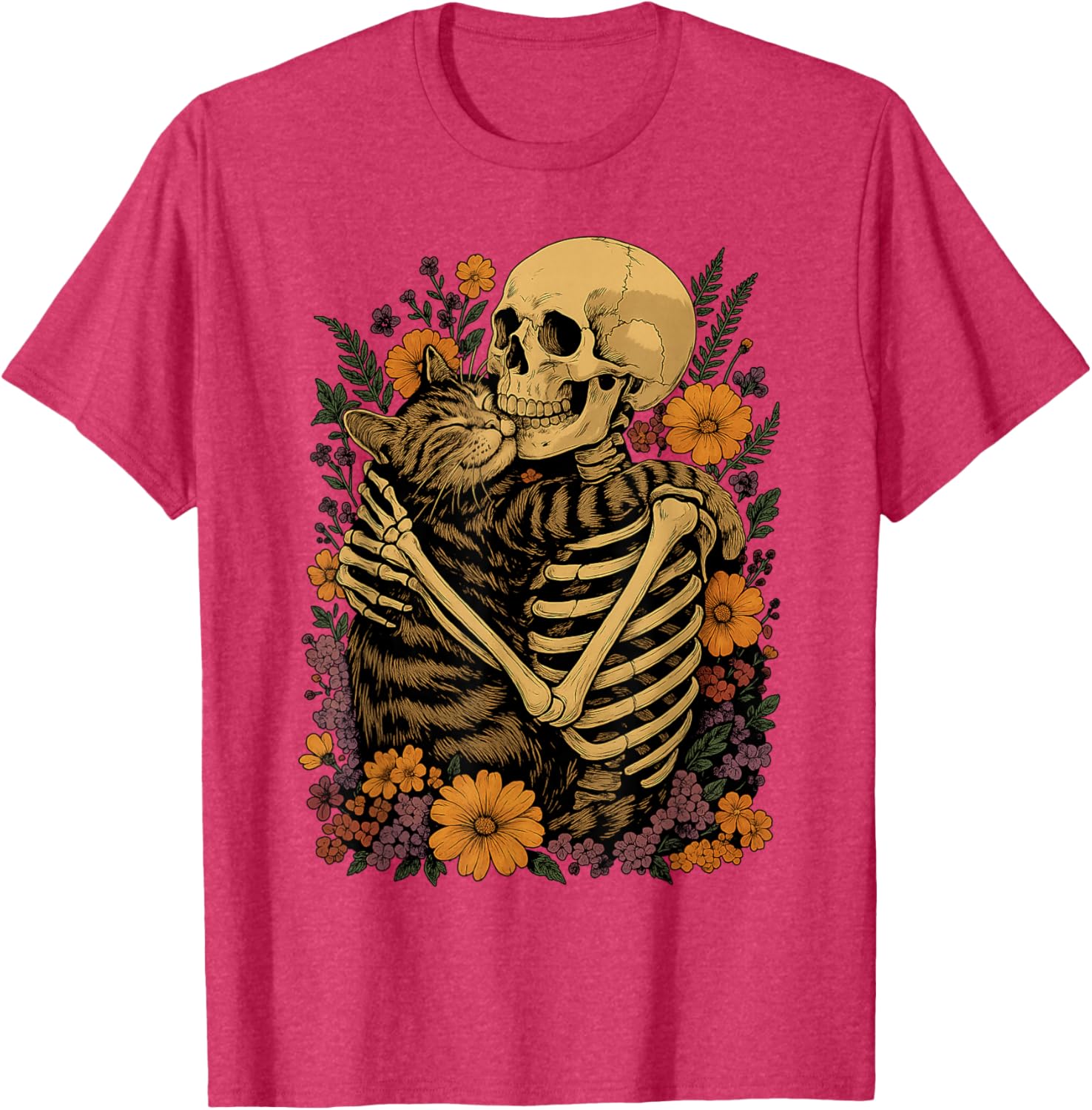 Cute Skeleton Hugging Cat Floral Halloween T-Shirt for Cat Lovers - 2