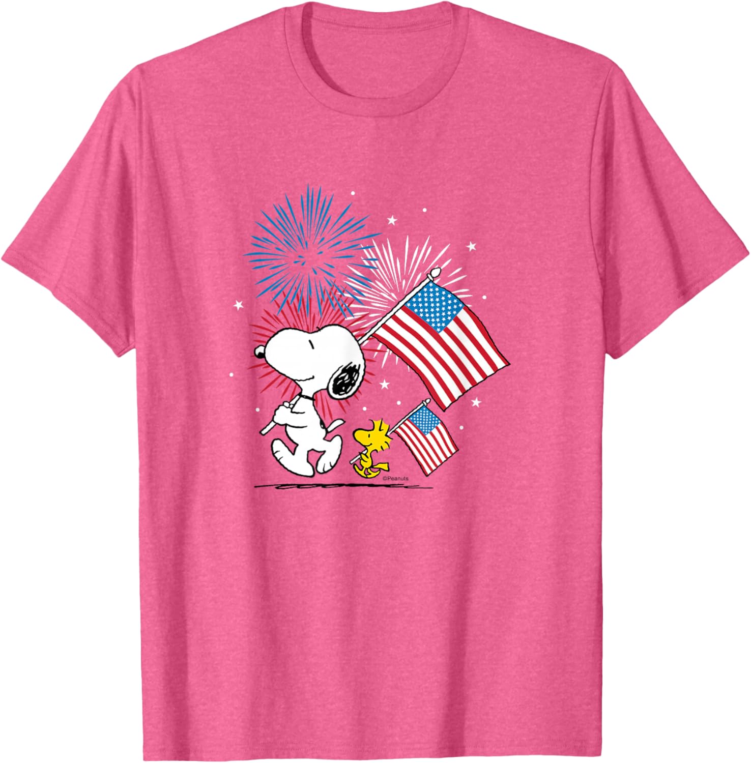 Snoopy and Woodstock American Flags Fireworks T-Shirt for Fun Celebrations - 5