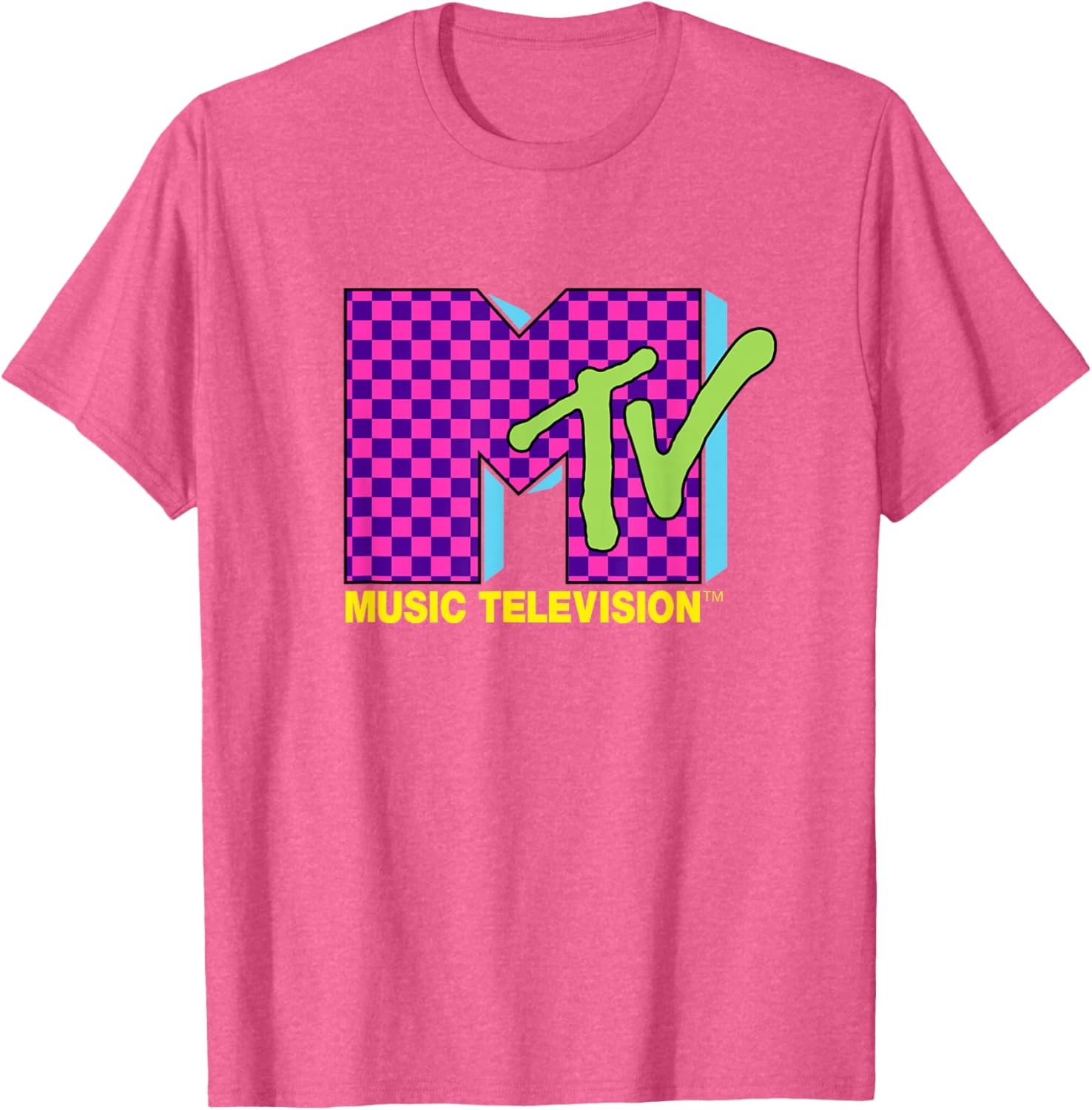MTV Retro 80s Neon Pink Checkerboard Logo T-Shirt for Trendy Style - 1