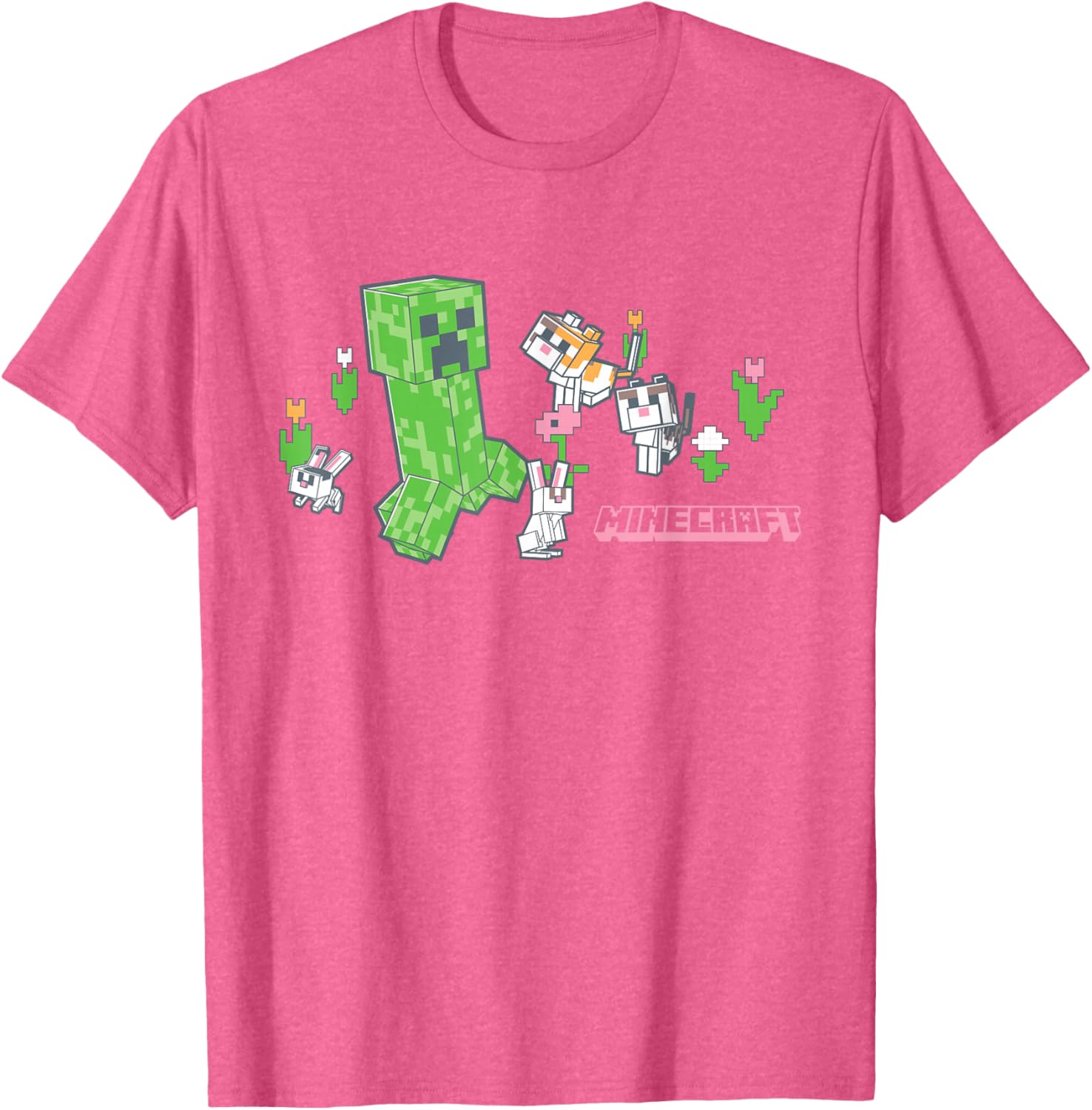 Cute Minecraft Creeper T-Shirt with Bunnies and Cats in Pixel Garden - 13