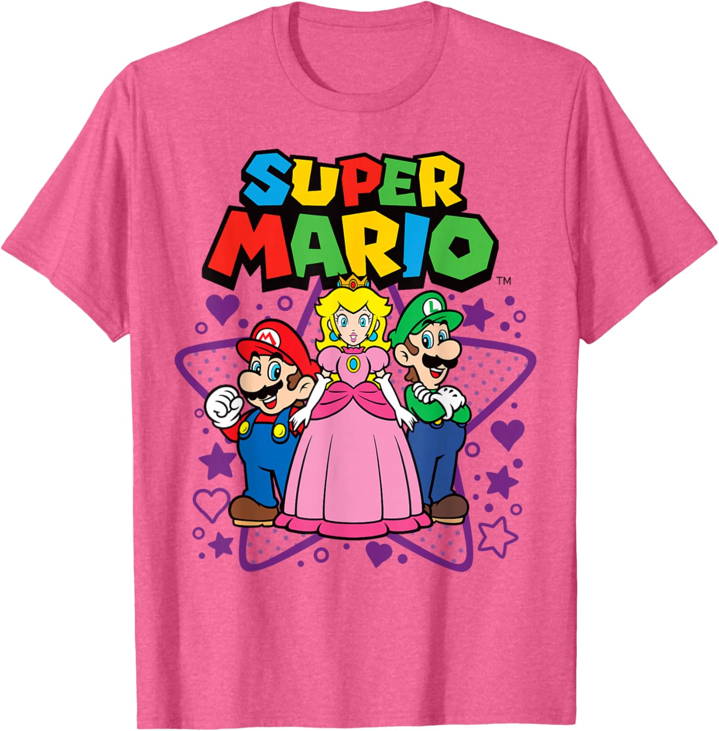 Super Mario Trio T-Shirt with Peach, Luigi, Stars, and Hearts Design - 2