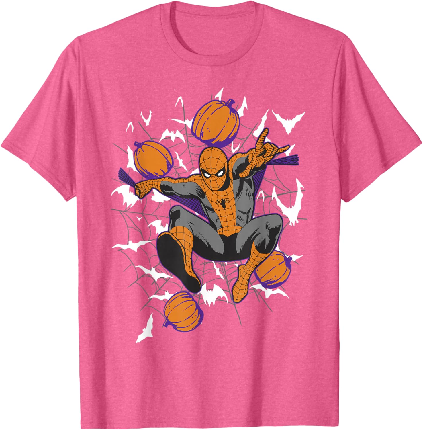 Spider-Man Halloween T-Shirt with Web and Pumpkins for Kids and Adults - 3