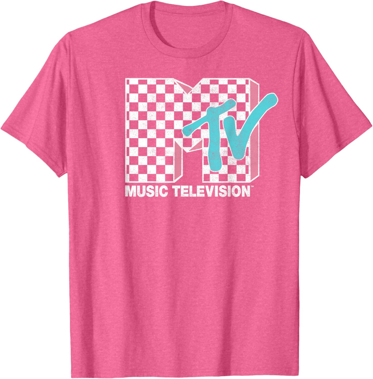 MTV Neon Distressed Checkered Logo Graphic Tee for Trendy Style - 4