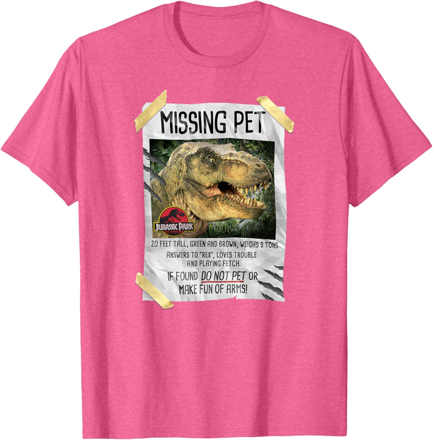 Jurassic Park T-Rex Missing Pet Taped T-Shirt for Dino Lovers - 3
