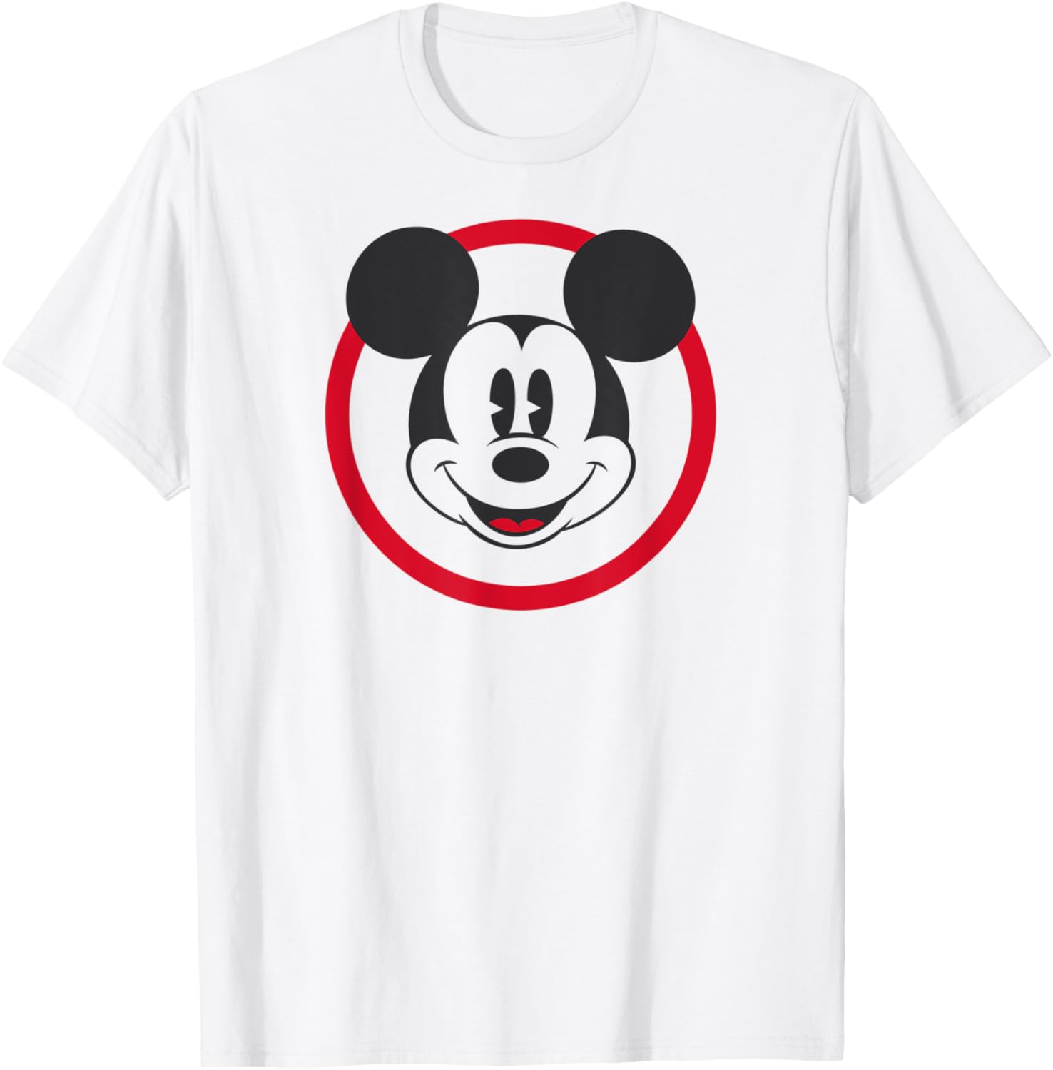 Men's Smiling Mickey Mouse Red Circle T-Shirt in White, Size Small - 1