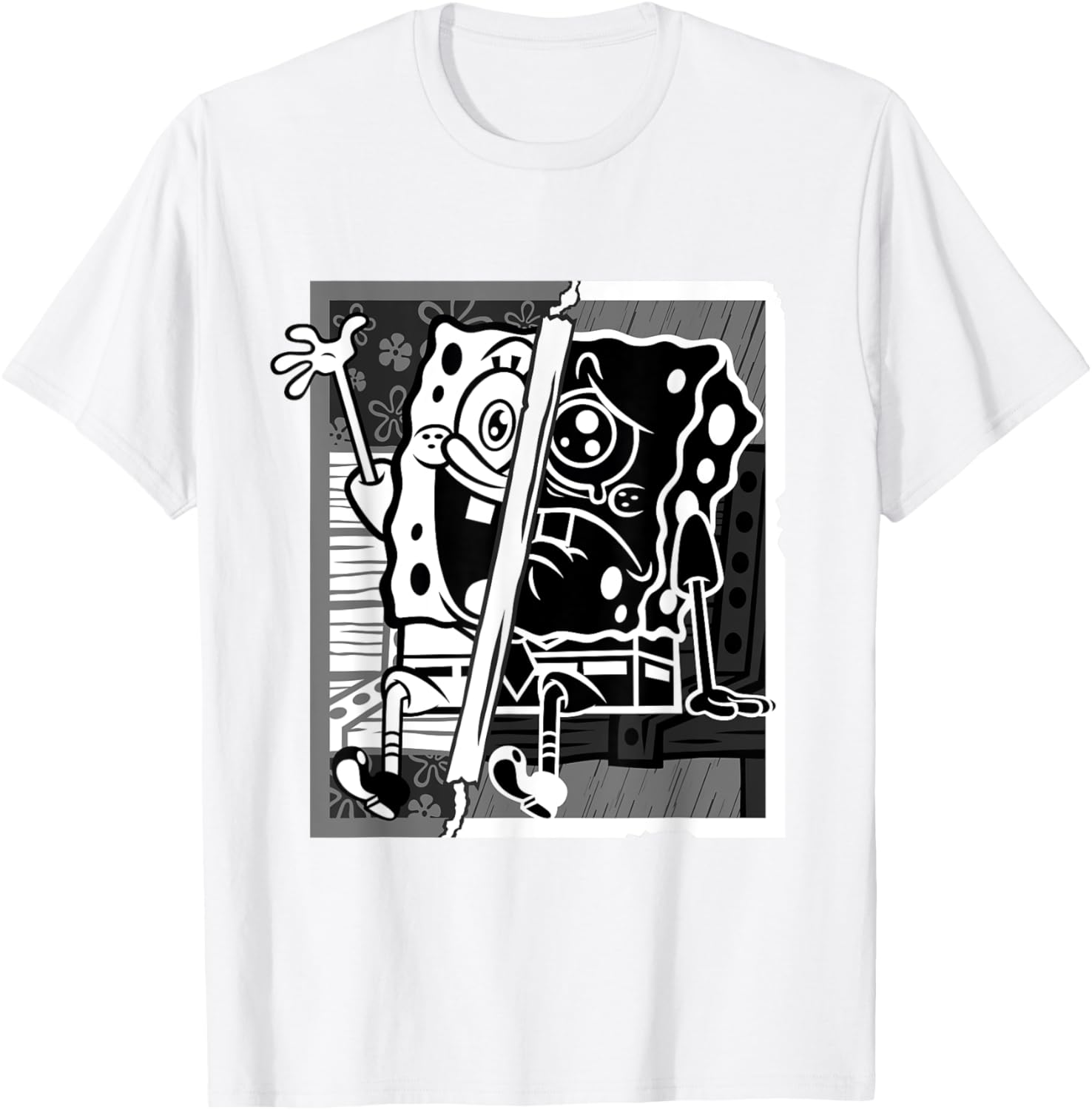 Mademark SpongeBob Black and White Happy Sad Artline T-Shirt for Fans - 15