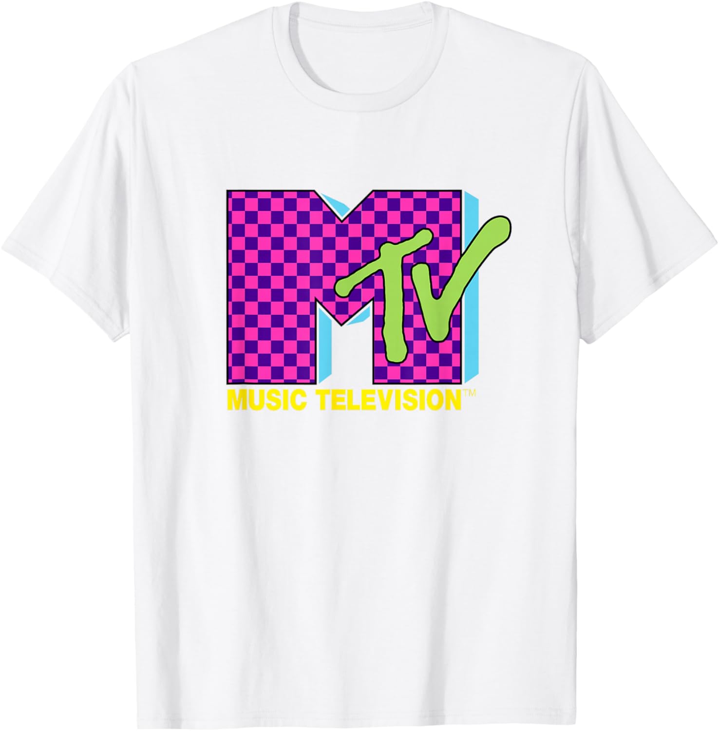 MTV Retro 80s Neon Pink Checkerboard Logo T-Shirt for Trendy Style - 3