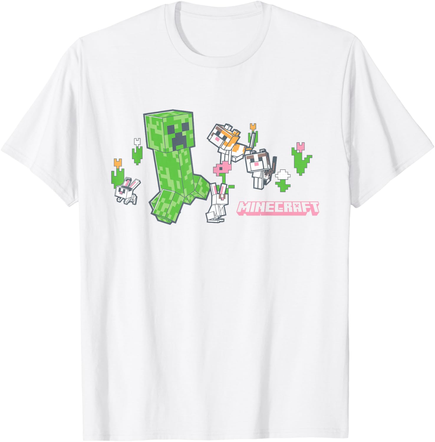 Cute Minecraft Creeper T-Shirt with Bunnies and Cats in Pixel Garden - 2