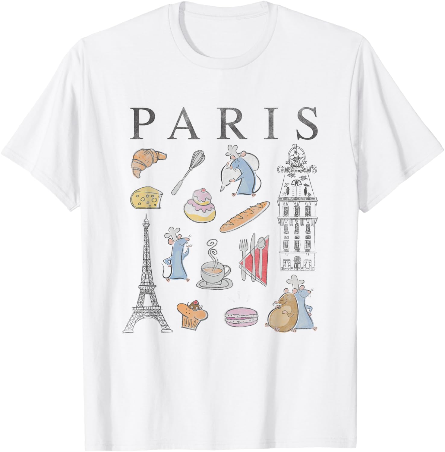 Disney Pixar Ratatouille Retro T-Shirt Collage of Paris Food & Places - 1