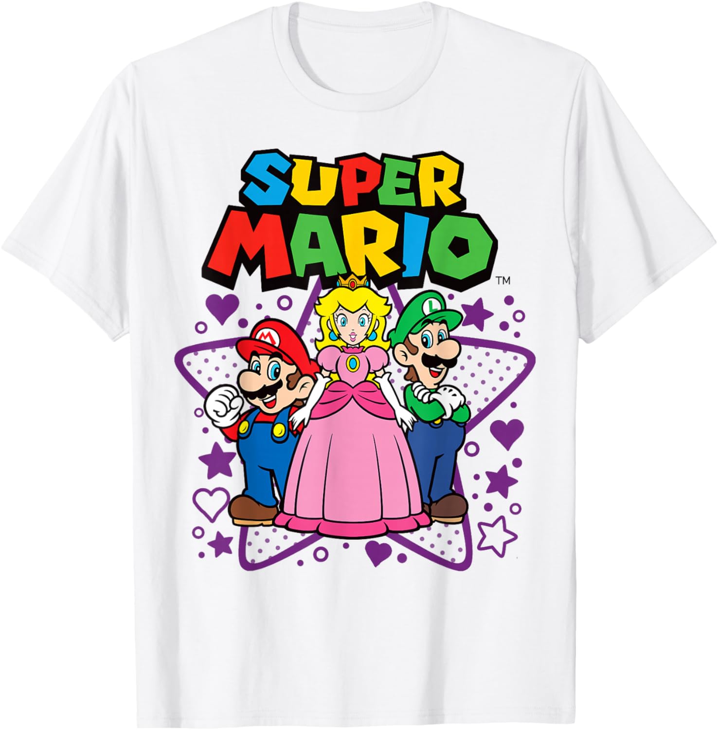 Super Mario Trio T-Shirt with Peach, Luigi, Stars, and Hearts Design - 4
