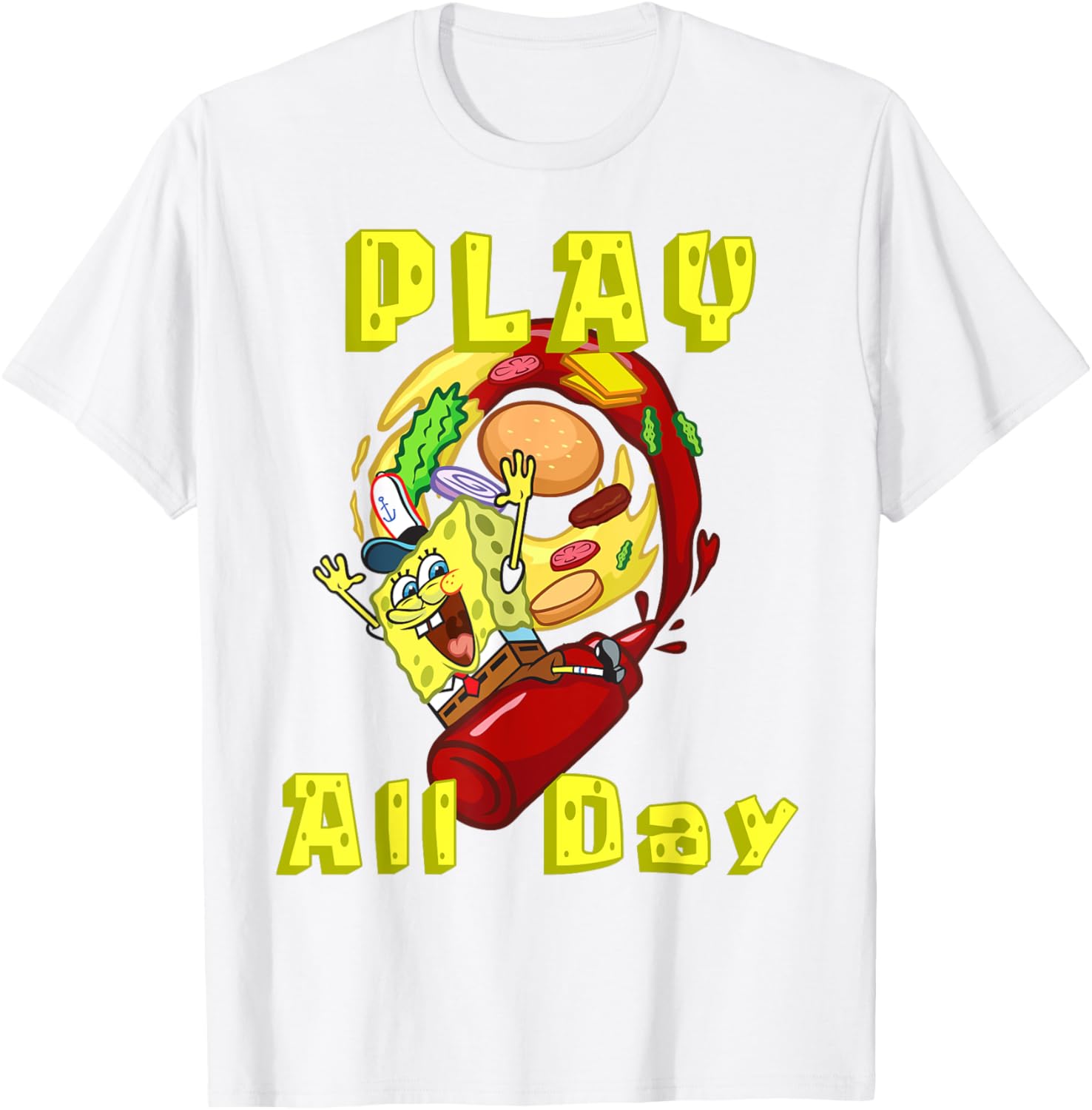 SpongeBob Play All Day T-Shirt with Fun Burger Ketchup Design - 10