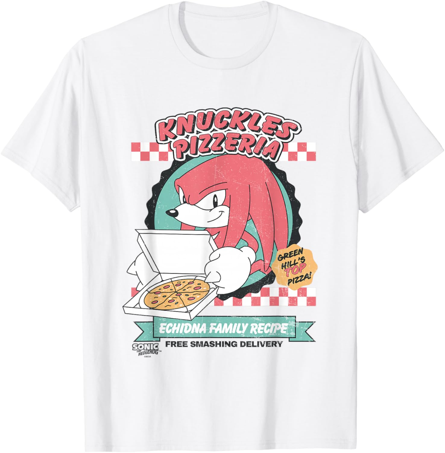 Sonic the Hedgehog Knuckles Retro Pizzeria Ad T-Shirt for Fans - 5