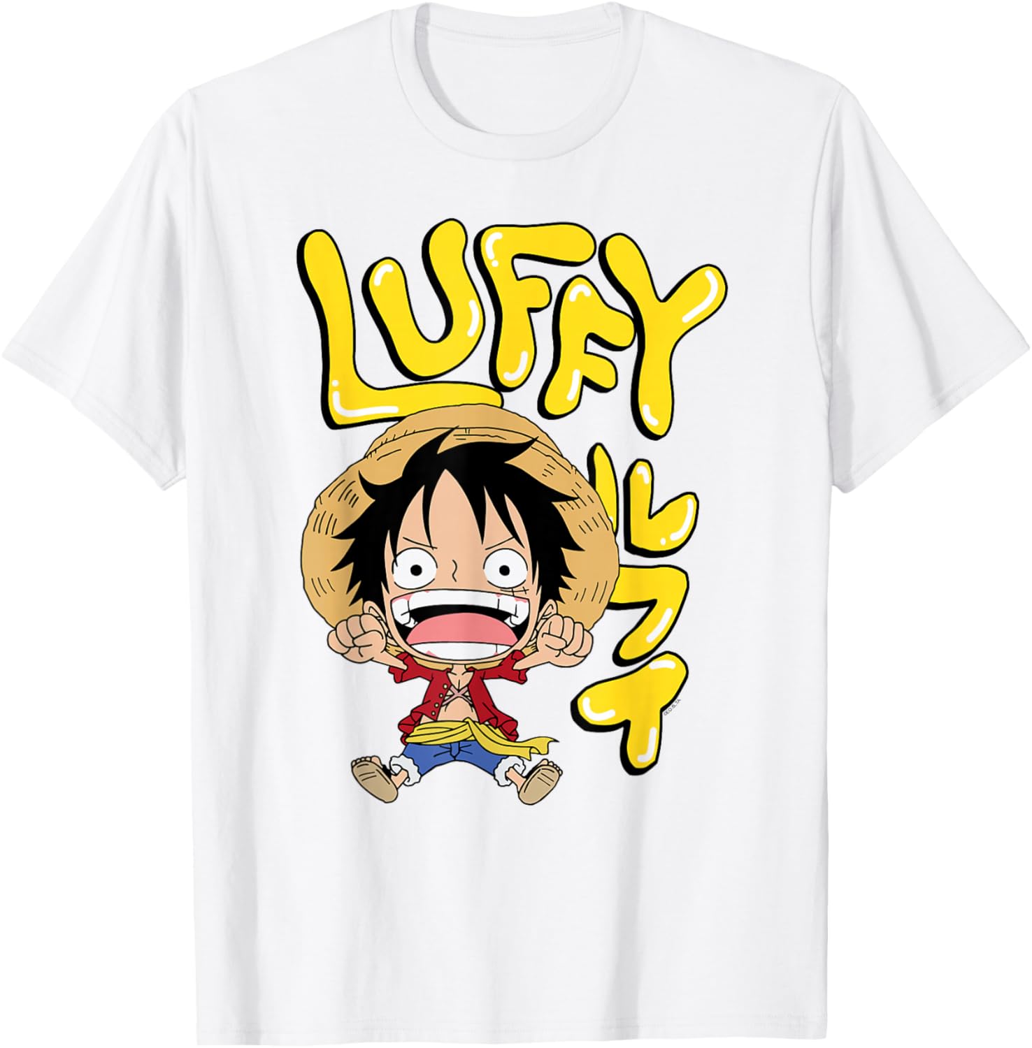 One Piece Luffy Chibi T-Shirt with Fun Bubble Letters for Anime Fans - 1