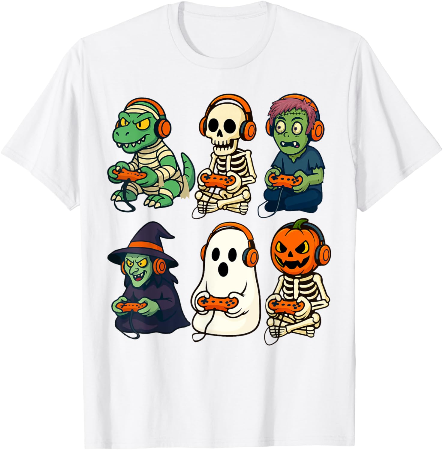 Halloween Boys Gamer T-Shirt with Dinosaur Skeleton and Witch Design - 8