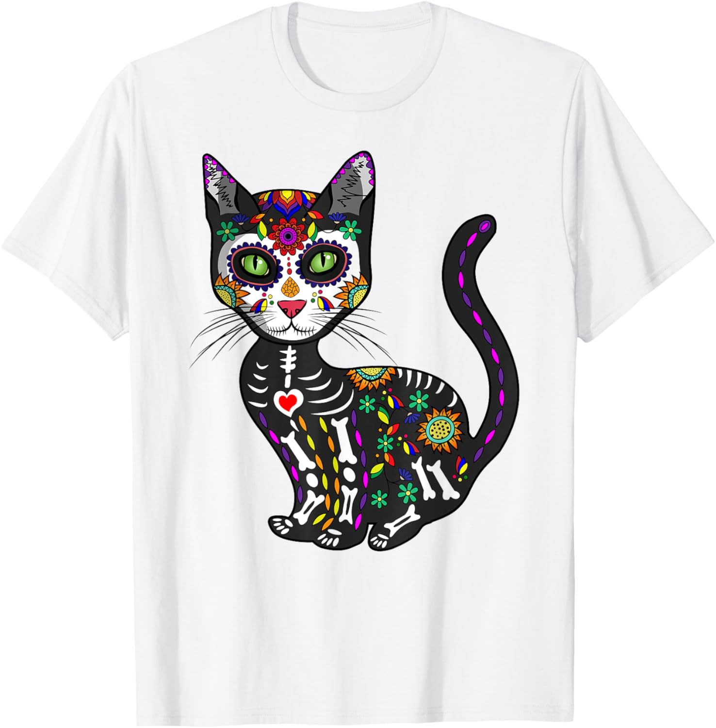 Cute Sugar Skull Cat T-Shirt for Halloween Day of the Dead Fun - 18