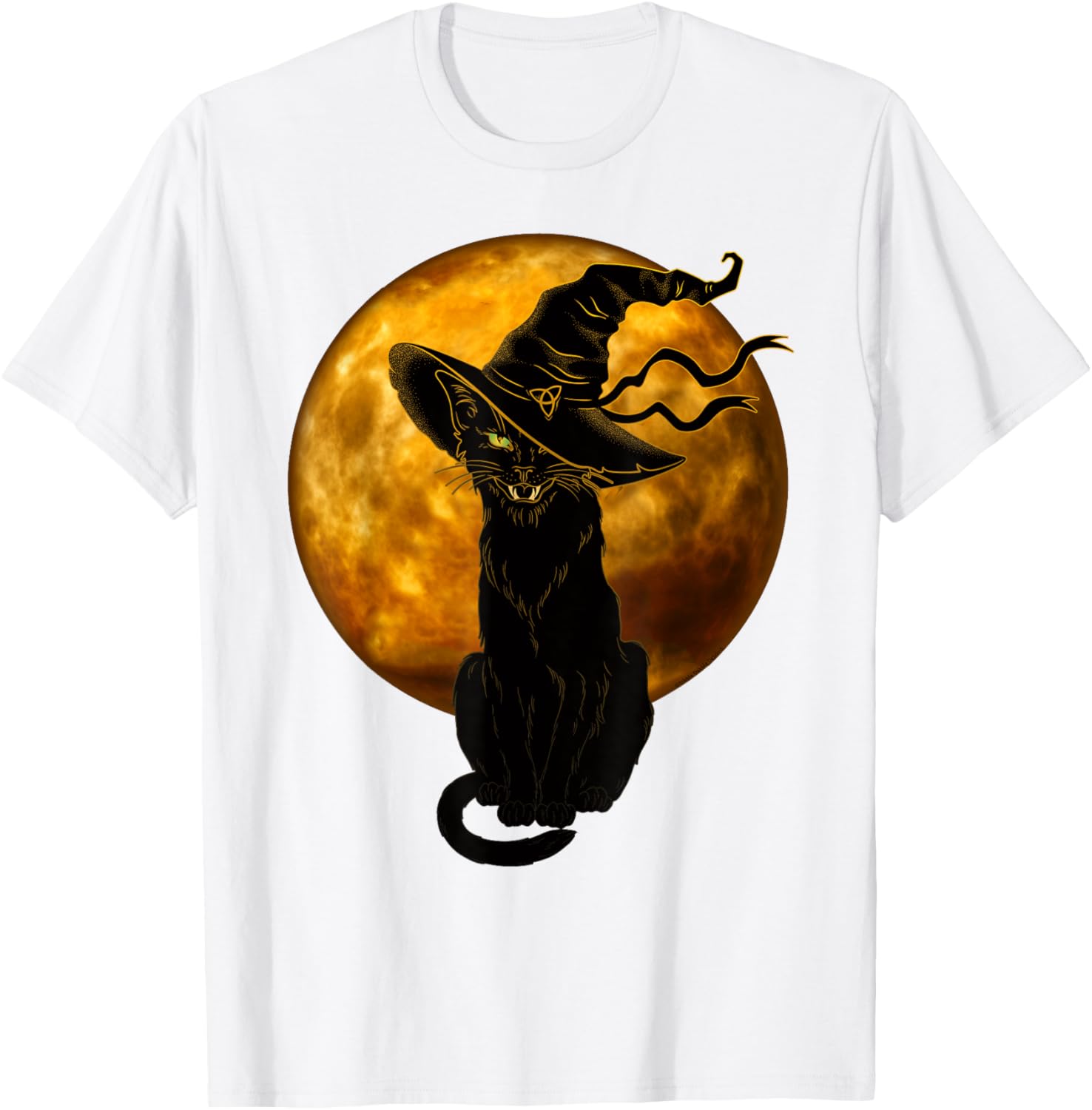 Vintage Black Cat in Witch Hat Full Moon Halloween T-Shirt for Fun Celebrations - 9
