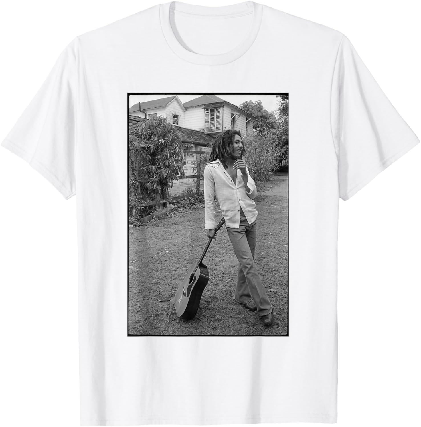 Bob Marley David Burnett Black and White Guitar Photo T-Shirt - 5
