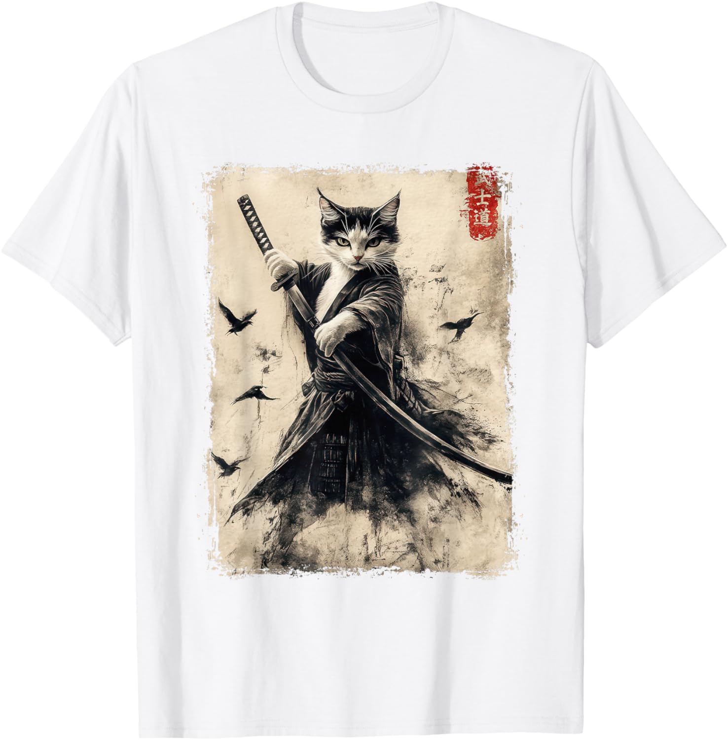 Samurai Cat Vintage Anime Graphic Tee – Cool Japanese Art T-Shirt - 21