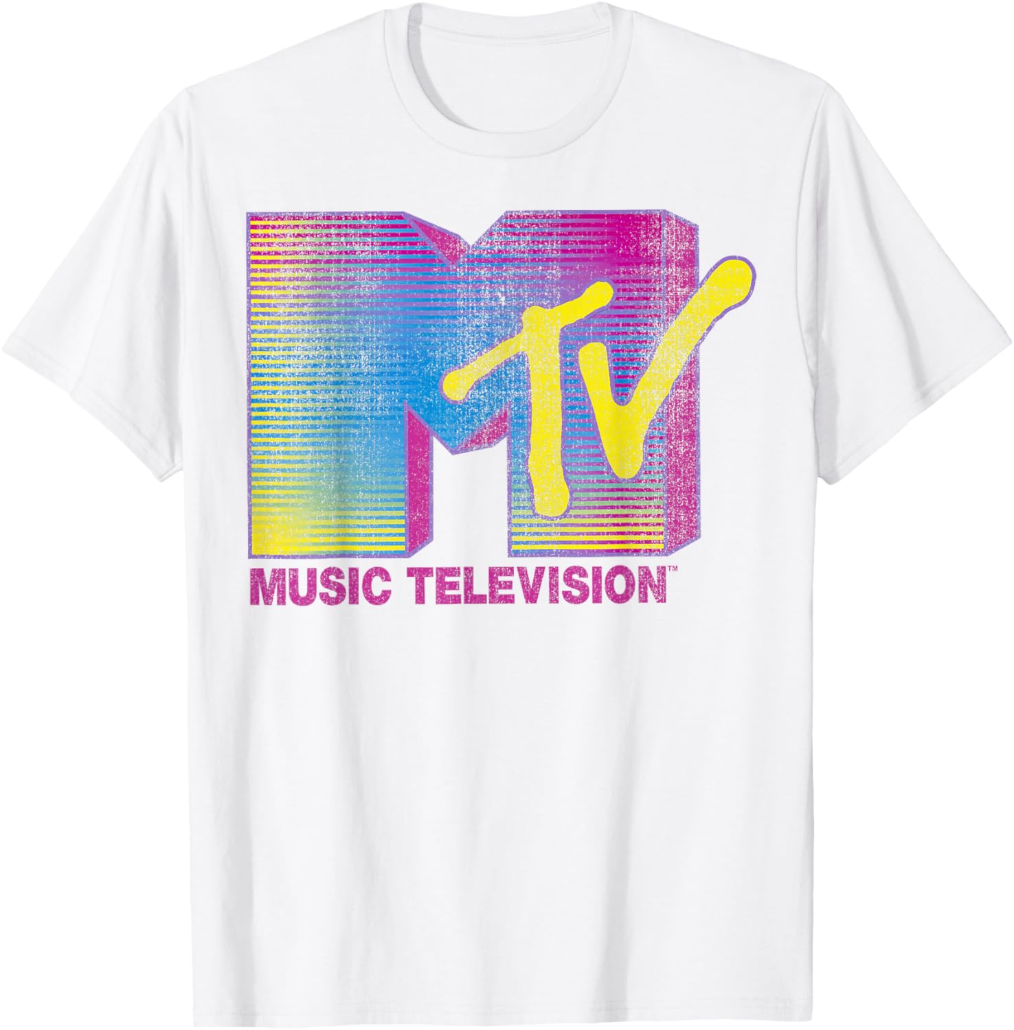 MTV Distressed Fluorescent Logo Crew Neck T-Shirt for Adults in Black - 9
