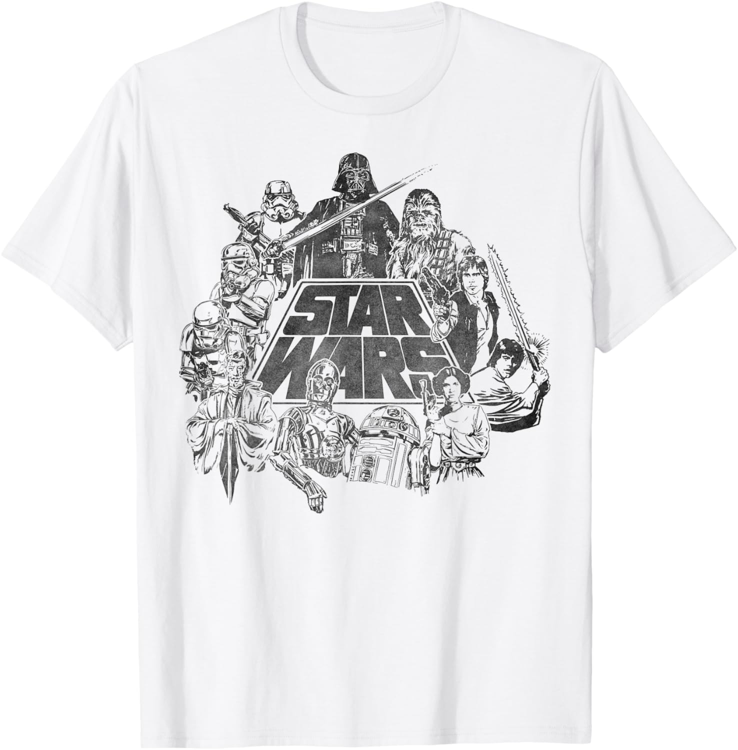 Star Wars Vintage Line Art T-Shirt Featuring Classic Characters - 5